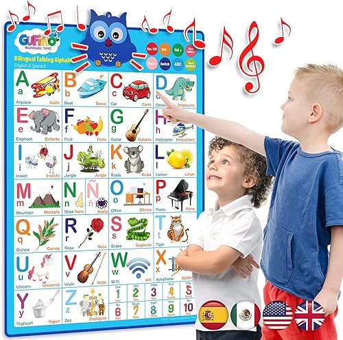 GUFINO - Póster bilingüe del alfabeto parlante para niños pequeños aprendizaje ABC en inglés y español para niños pequeños Números colores canciones