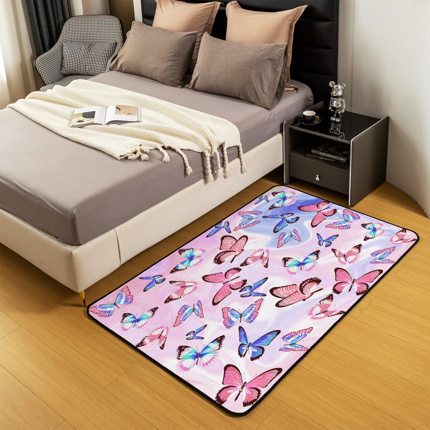 Homemissing Papillons Tapis Salon 100x150cm Fille Papillons Imprimer Tapis Exterieur pour Enfants Marble Imprimer Tapis d'extérieur Femme Homme Rose Tapis Chambre