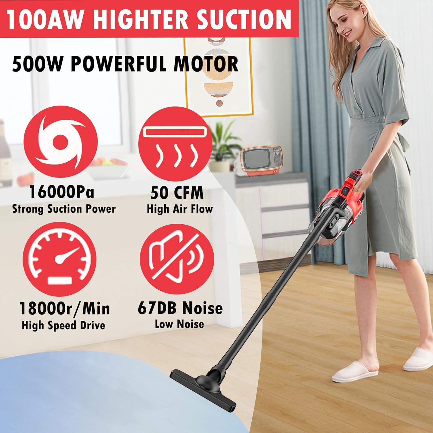 Cordless Vacuum Cleaner for Milwaukee M18 Battery, 5 in 1 Cordless Vacuum with 500W Brushless Motor Max 18000r/Min，50CFM 100AW Handheld Vacuum Cordless for Floor, Carpet, Car，Furniture(No Battery)