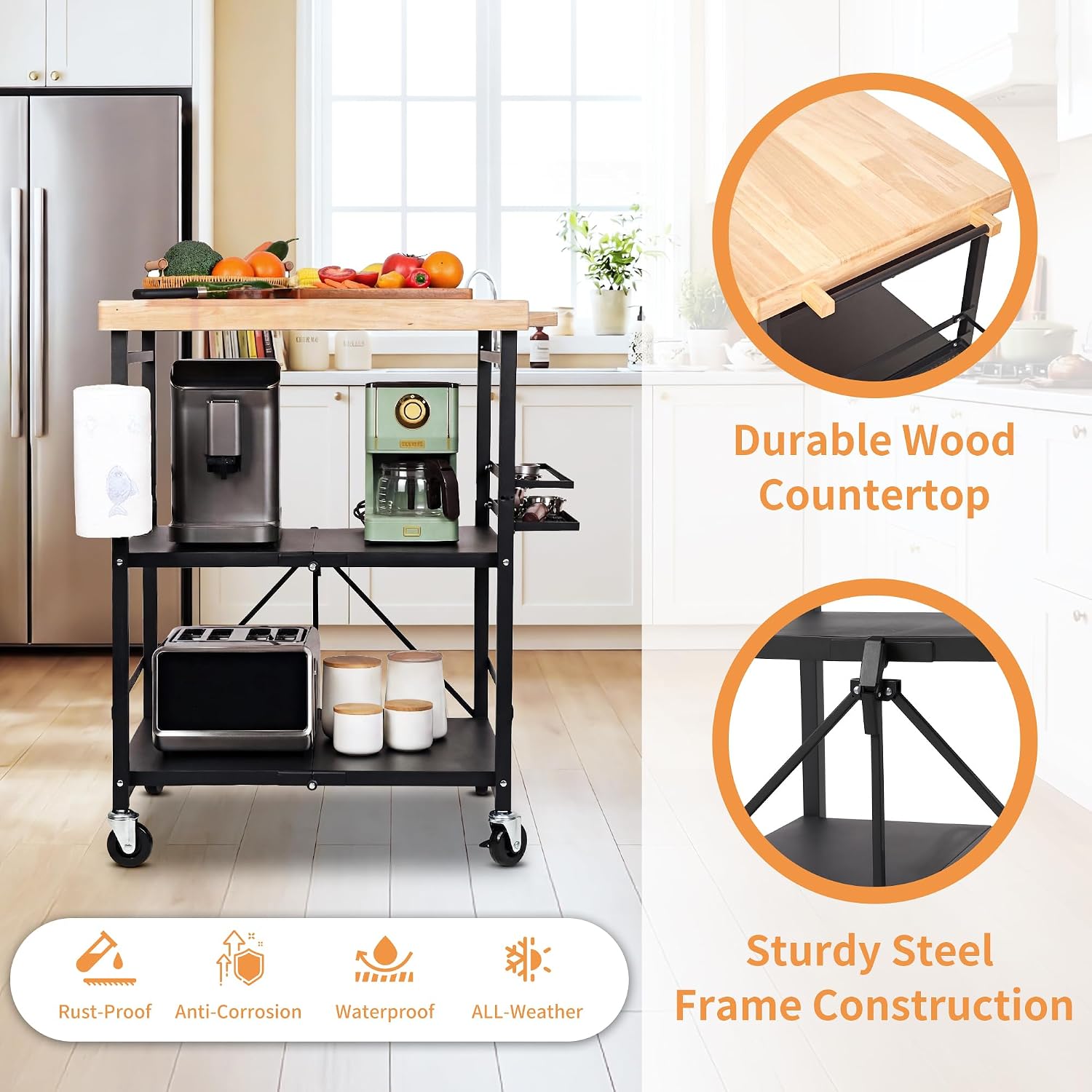 PLKOW Plus-Size Foldable 3-Tier Kitchen Cart with Solid Oak Top, Black | Solid oak top, fold-flat steel frame, 3-tier storage, side organizers, and lockable wheels for kitchens and patios.