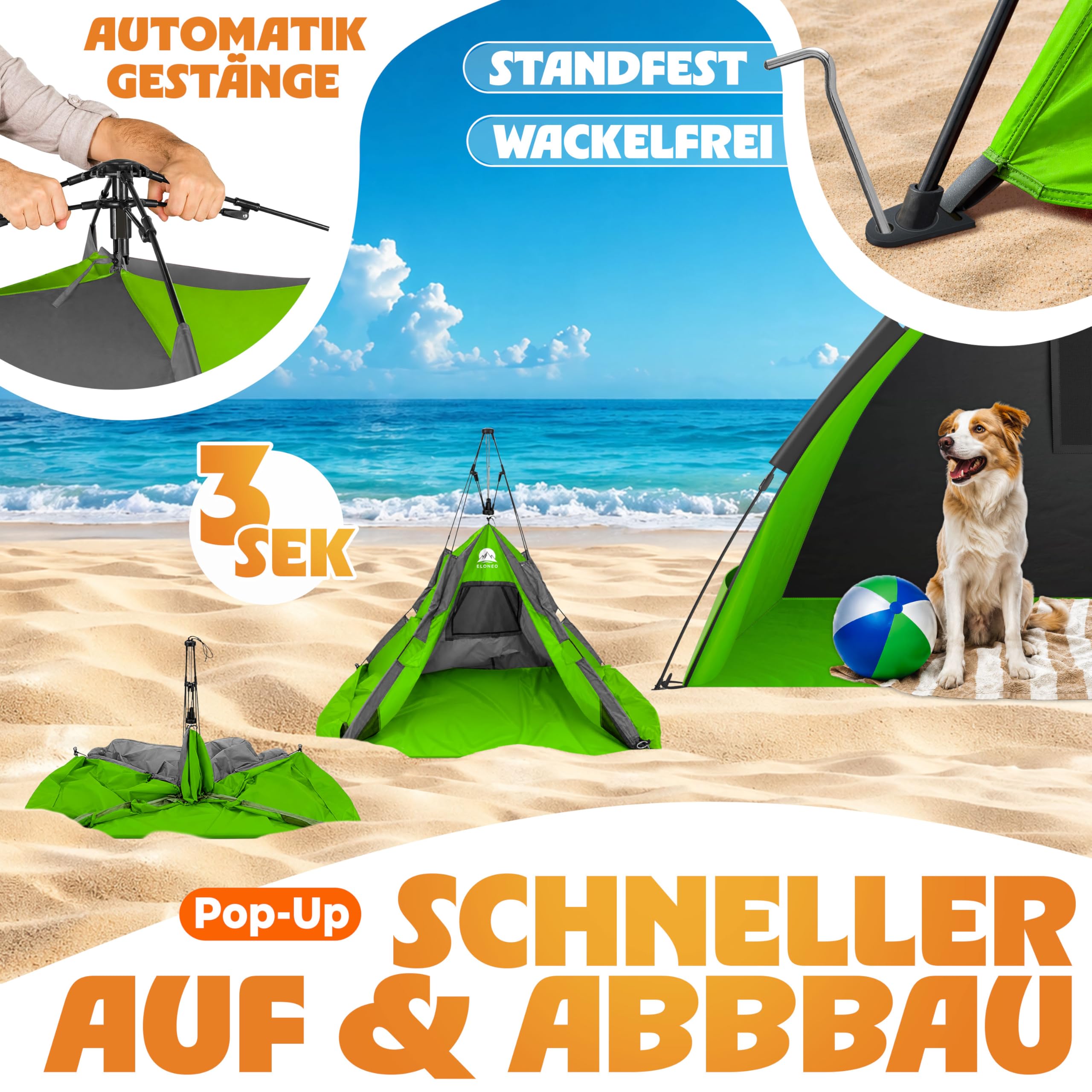 ELONEO Pop Up Strandmuschel UV Schutz 50+ | Strandzelt XXL 220x150x130 cm | Leichter Aufbau und kleines Packmaß inkl. Tragetasche | Strand Sonnenschutz & Windschutz für Babys und Erwachsene