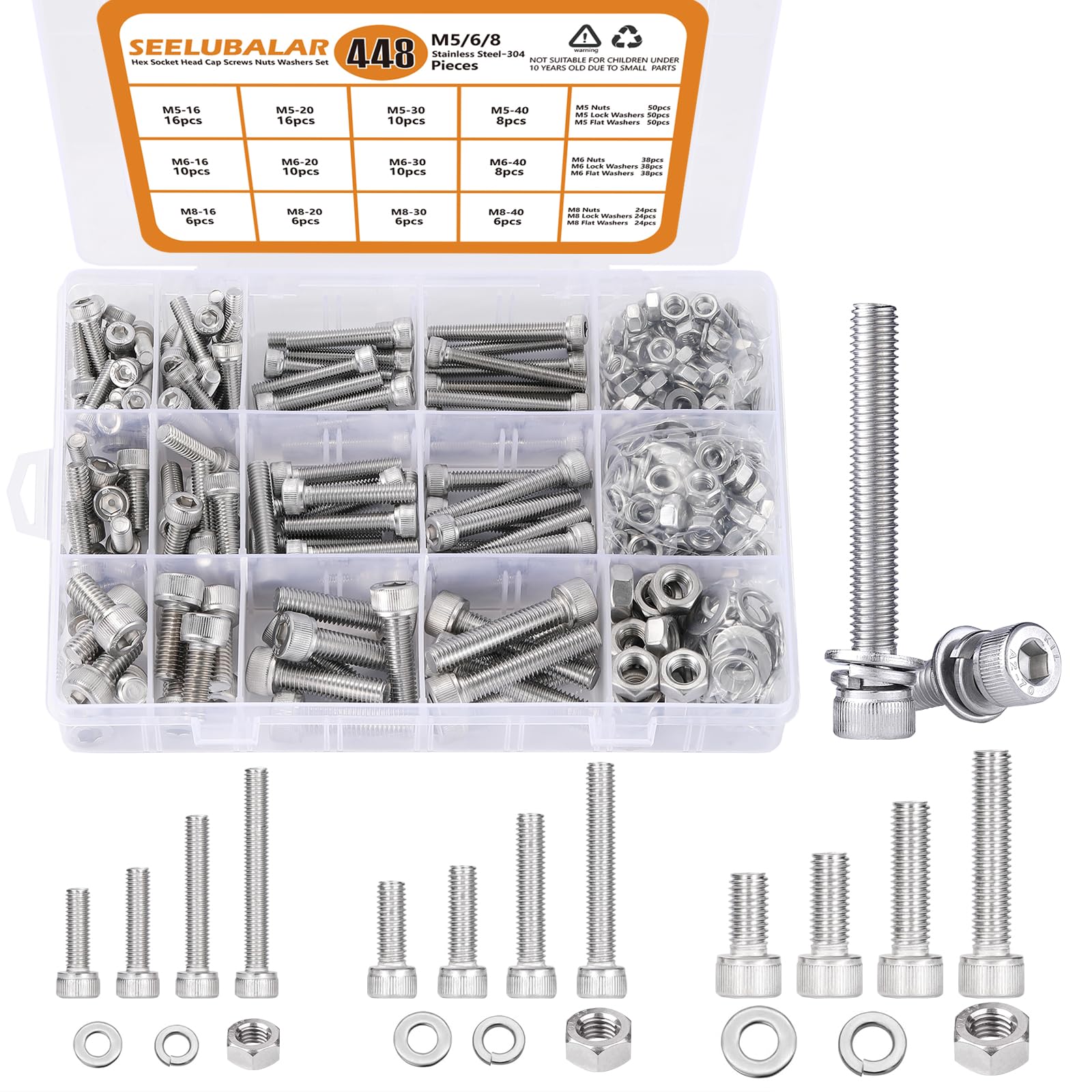 448 pcs M5/M6/M8 Metric Hex Head Socket Cap Bolt & Nut Assortment,304 Stainless Steel Metric Machine Screws, Hex Socket Head Cap Screws Nuts and Bolts Assortment Kit with Flat & Lock Washers