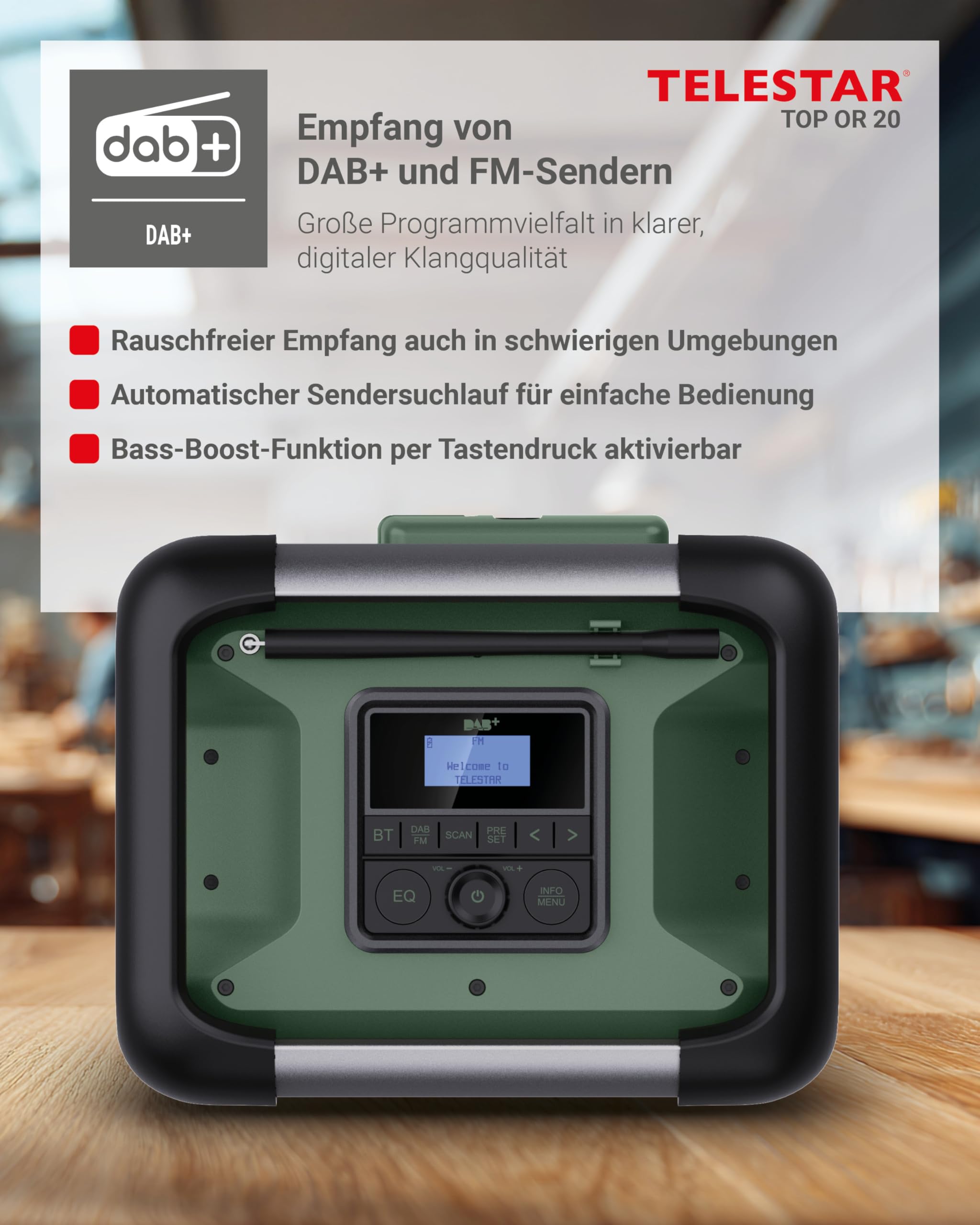 TELESTAR TOP OR 20 – Baustellenradio, läuft mit Marken-Akkus (Makita etc.) | Robust, DAB+, Bluetooth Audio-Streaming, für Akkus von Makita, DeWalt, Bosch, Milwaukee, 80 W Stereo, USB, Akku-/Netzbetrieb