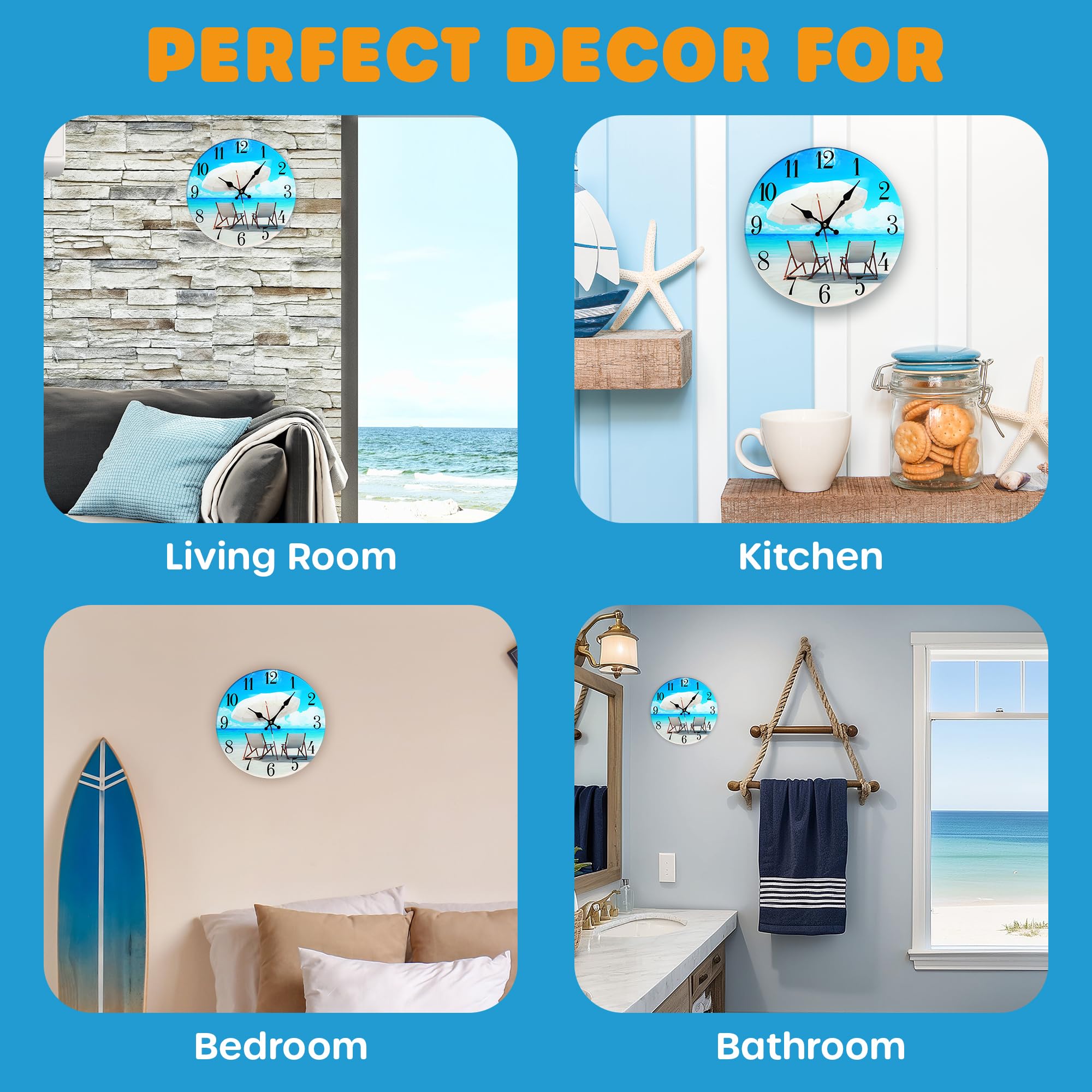 Orologio da parete in vetro per sedia da spiaggia New-13-X-13-Casa-Parete-Decor-Costiero-Nautico-Spiaggia