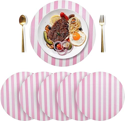 Miniatura 3 de Mantel individual redondo a rayas blancas y rosadas, resistentes al calor, antideslizantes, manteles individuales redondos