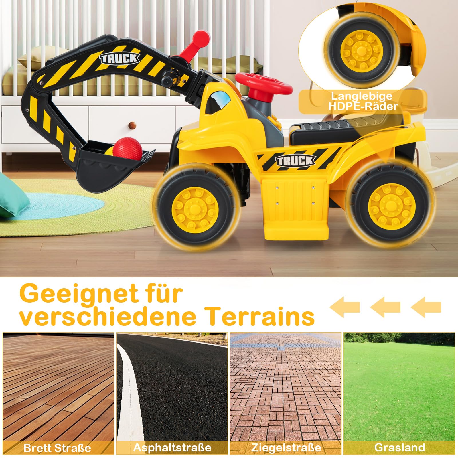 COSTWAY Elektro Bagger, Sitzbagger mit Hupe & Sound, für Kinder ab 2 Jahre | Stauraum unter den Sitz, Kinderbagger mit Basketballkorb, Bagger zum draufsitzen, 6V Sandbagger Aufsitzbagger, inkl. 3 Bälle