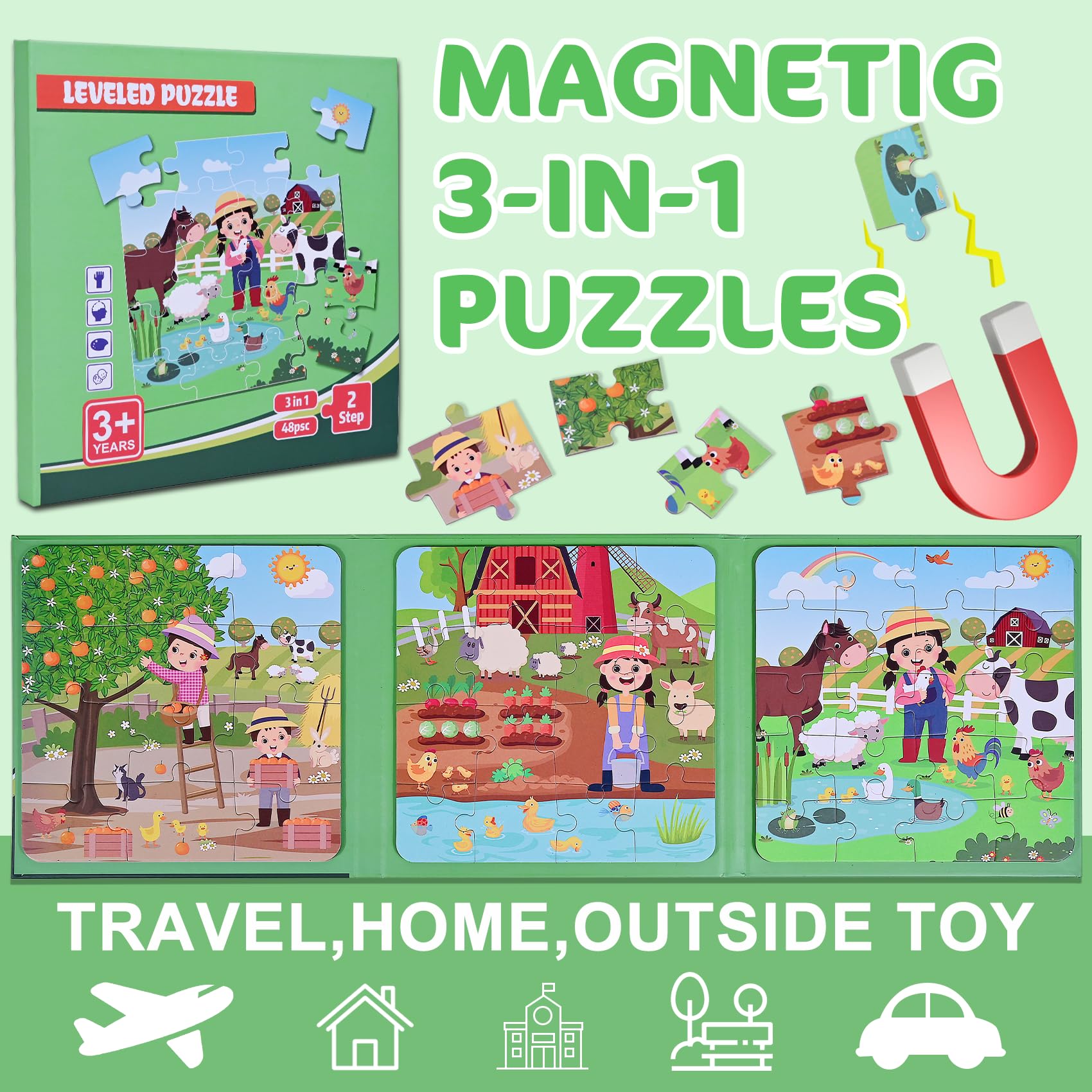 Puzzle Magnetici, 48 Pezzi Puzzle Magnetici per Bambini 2 3 4 5 Anni,3 in 1 Puzzle per Bambini,Giochi da Viaggio per bambini da 2-6 anni per l'occupazione in aereo/viaggio in auto dei bambini