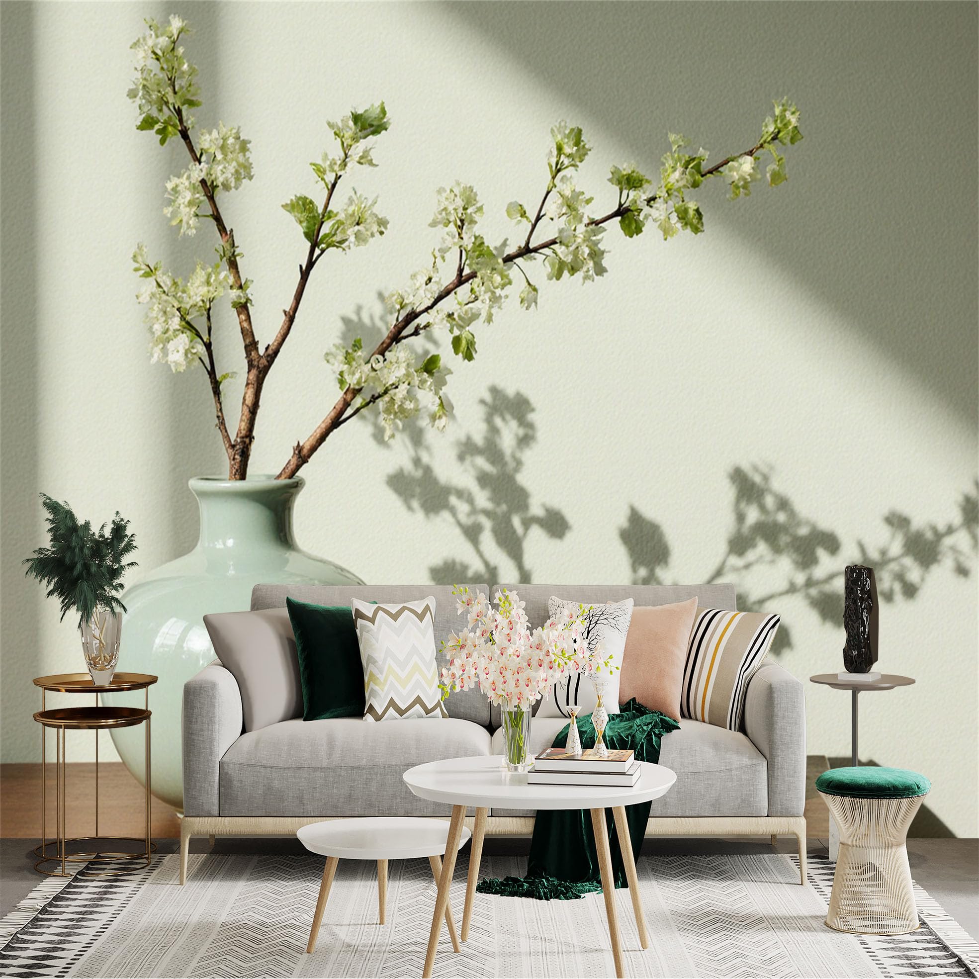 Custom Size Wall Sticker Mural， Minimalist Vase with White Blossom Branches， Vintage Books， Aesthetic Still Life， for wall Decoration， peelandstick wall Decals.