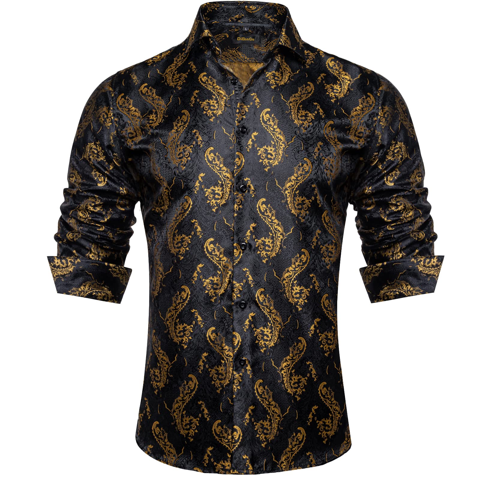 DiBanGu Mens Silk Paisley Dress Shirts Casual Jacquard Long Sleeve Button Down Shirt with Collar Pin Wedding Party