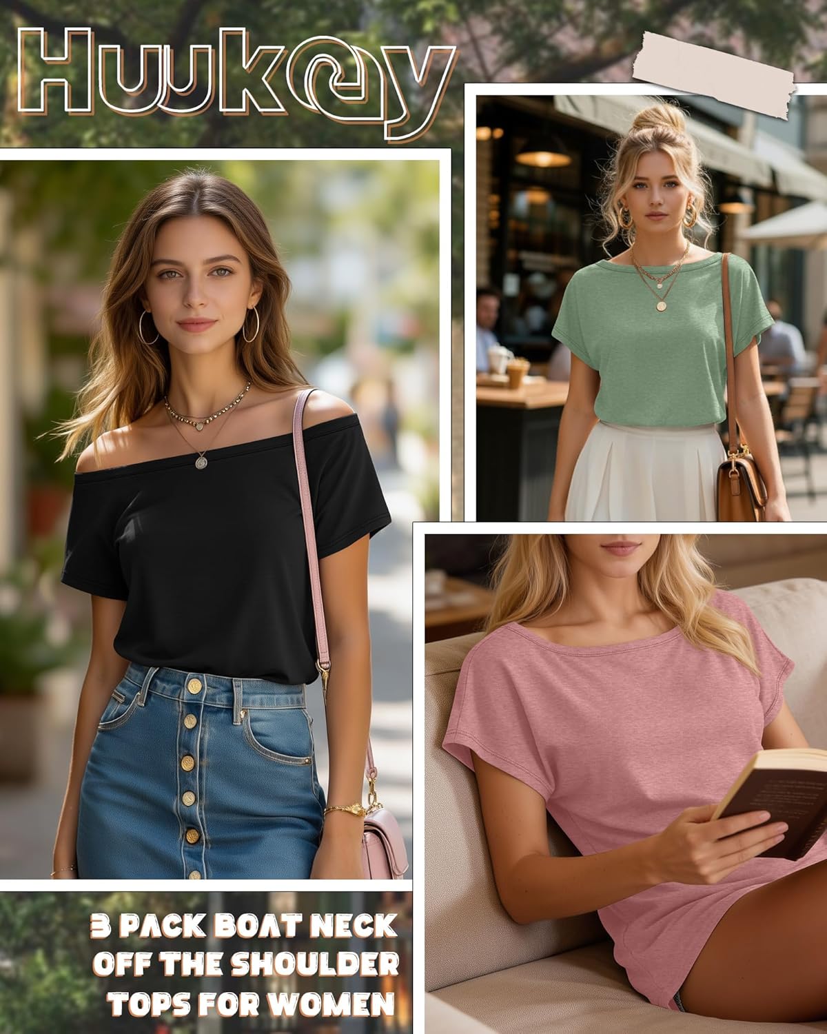 Huukeay 3 Pack Boat Neck Off The Shoulder Tops for Women, Short Sleeve Loose Shirts Causal Oversized Tunic Basic Tees - Image 4