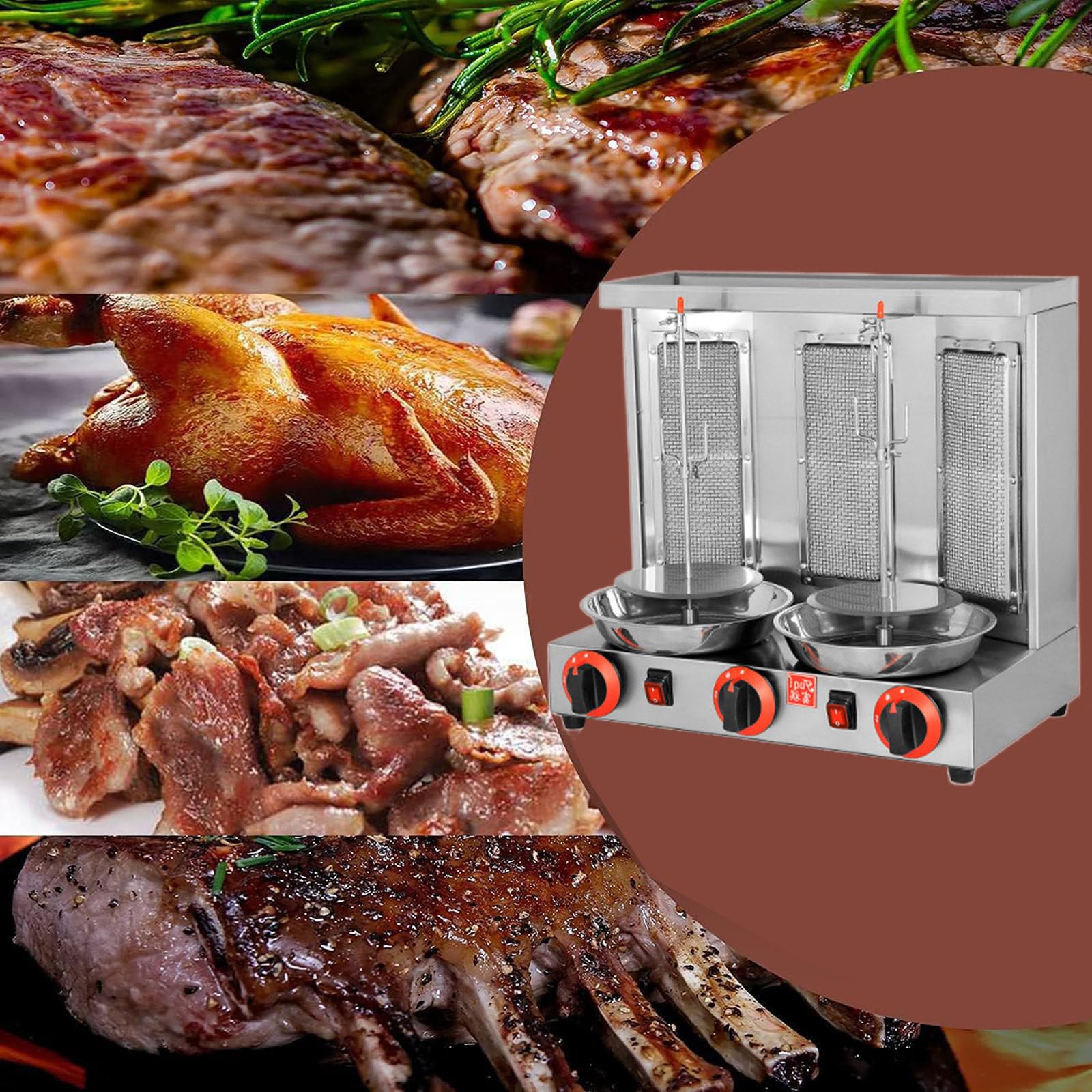 Máquina de Parrilla, Máquina de Kebab Doner de Gas GLP, Parrillas Giratorias, Parrilla Vertical Pastor, para Pollo Asado, Asado de Pavo, Tacos, Asado, Carne de Res,Three