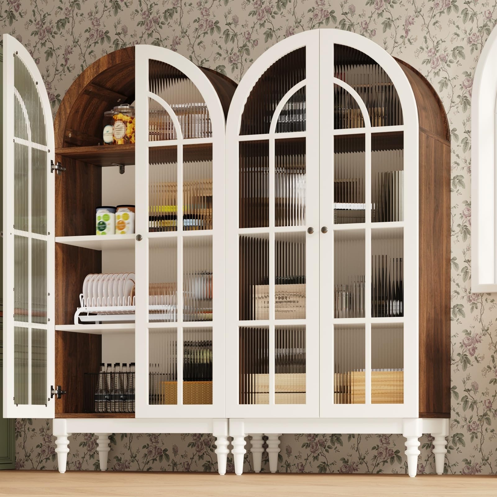 Set di armadio alto vetrina curvata rustica con 3 ripiani