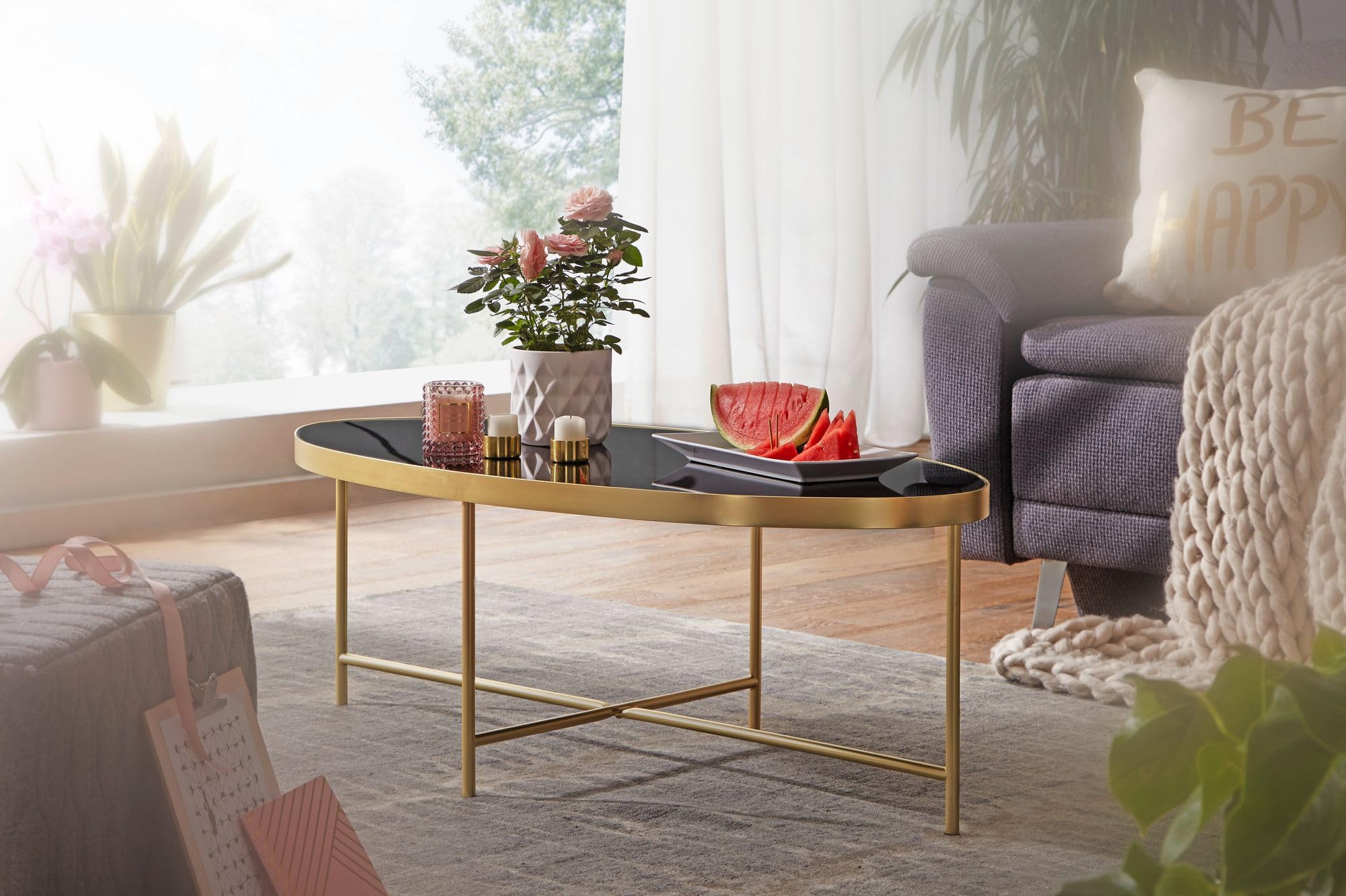 FineBuy Couchtisch Oval 110x56x40 cm Glas Schwarz mit Goldgestell