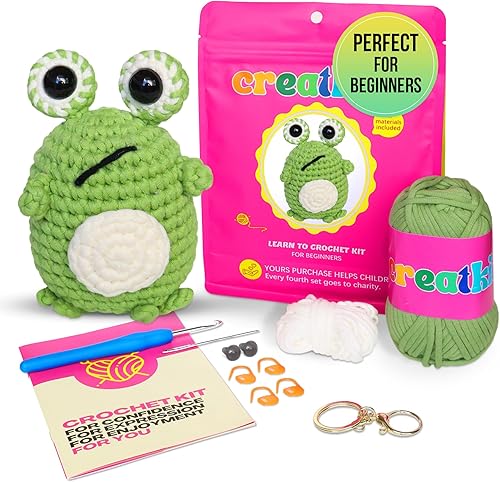 Kit de ganchillo para principiantes, rana, kit de animales de ganchillo con video paso a paso, juego completo de manualidades para adultos y niños,