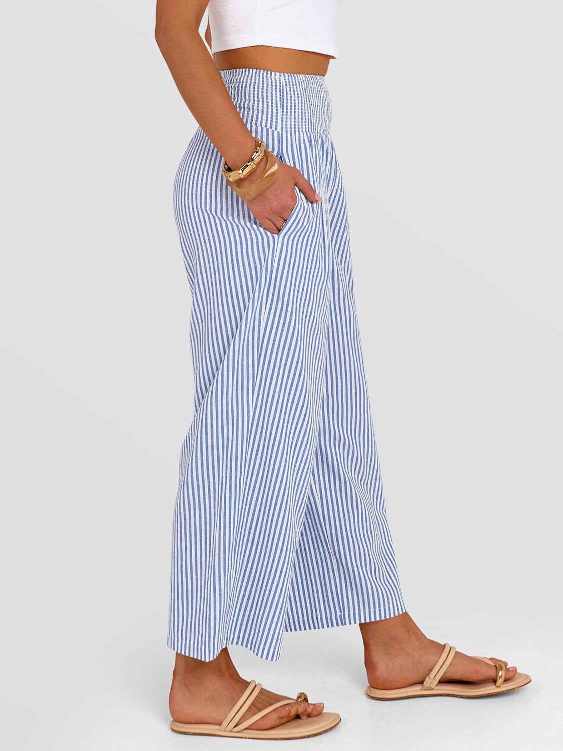 ANRABESS Women Striped Gingham Wide Leg Palazzo Pants Casual Lounge Cropped PJ Bottoms Comfy Cute Plaid Pants with Pockets - Image 4
