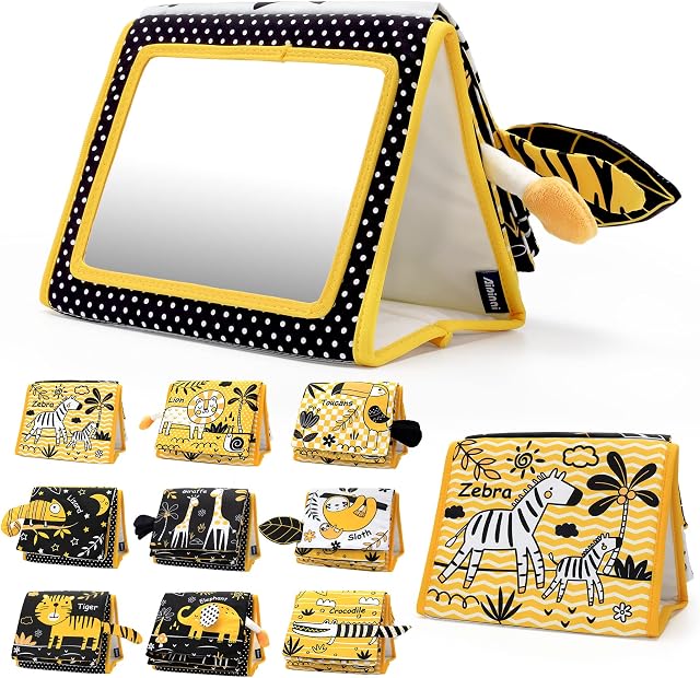 Sirecal Tummy Time Mirror Toys, Baby Toys 0-6 Months High Contrast Sensory Toys, Baby Tummy Time Toys with Crinkle Tail Cloth Book, Activity Development Floor Toy for Newborn Infants 0-12 Months