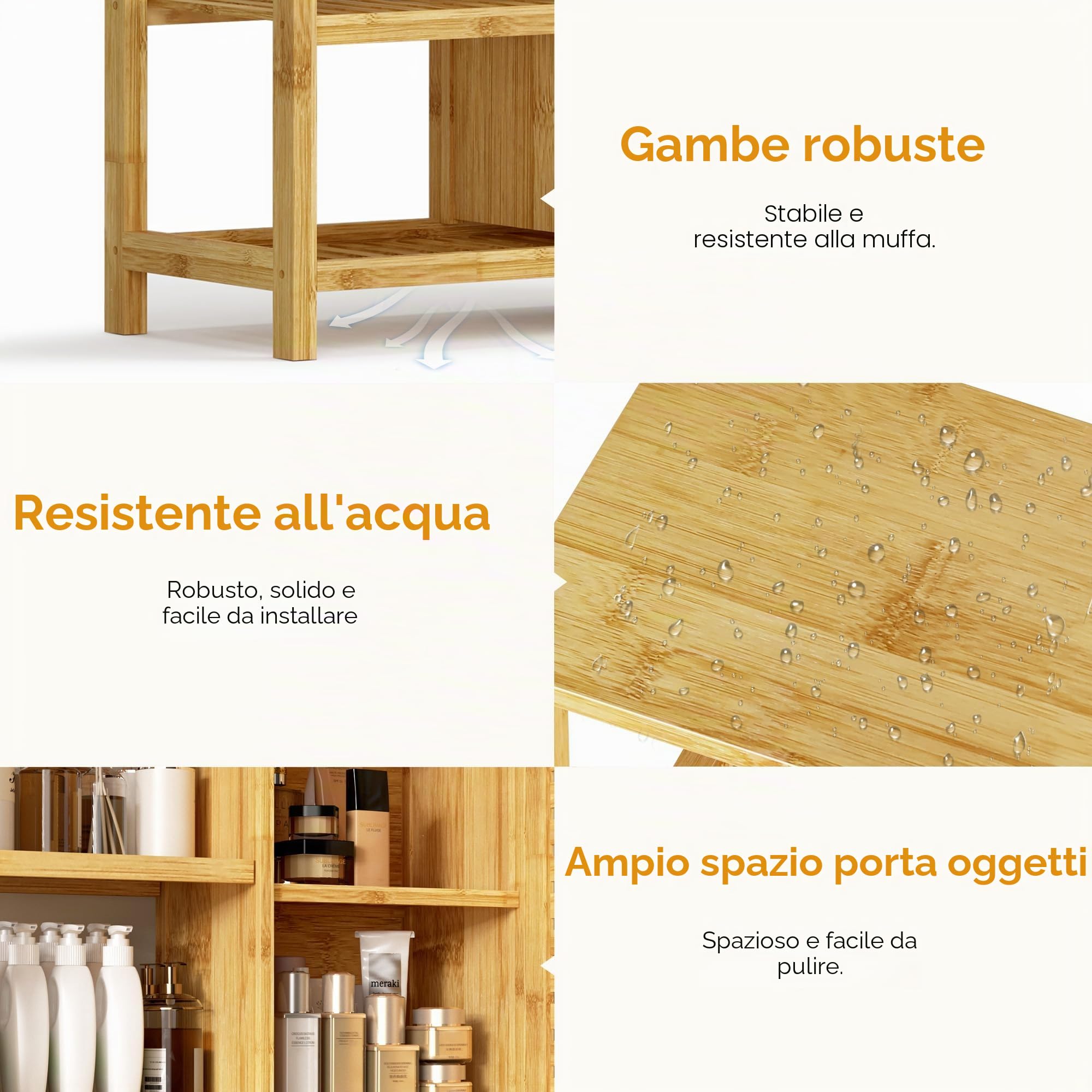 SogesPower Armadietto Portaoggetti da Bagno in Bambù Credenza Autoportante per Soggiorno, Cucina, Ufficio Domestico