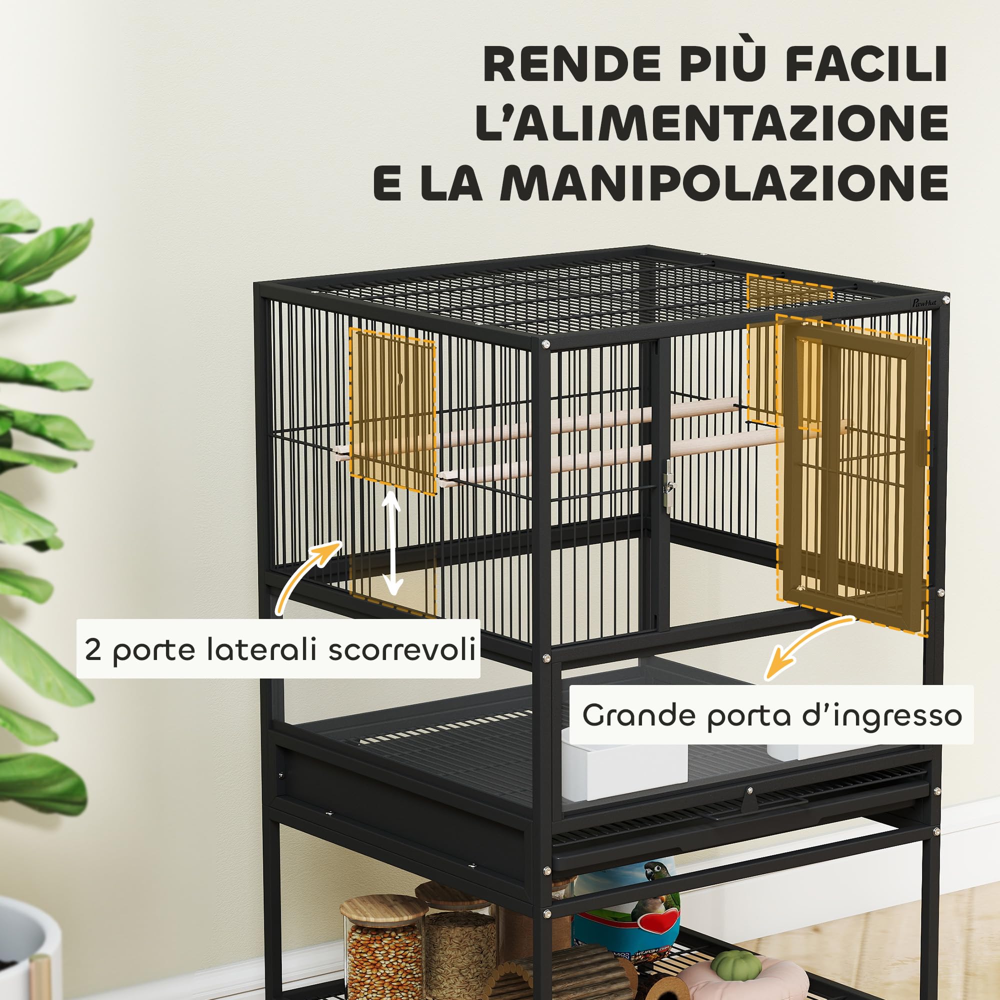 PawHut Gabbia per Uccelli a Rotelle con Ripiano Inferiore, Vassoio e Griglia Rimovibili, Gabbietta per Uccelli in Acciaio e PP, 48x46x83 cm, Nero