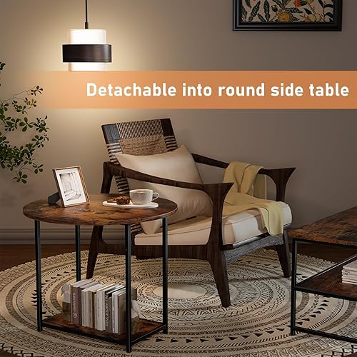 Miniatura 5 de WOHOMO Mesa auxiliar, mesa de centro moderna de mediados de siglo para sala de estar, mesa central rústica de granja 2 en 1, juego de mesa anidable