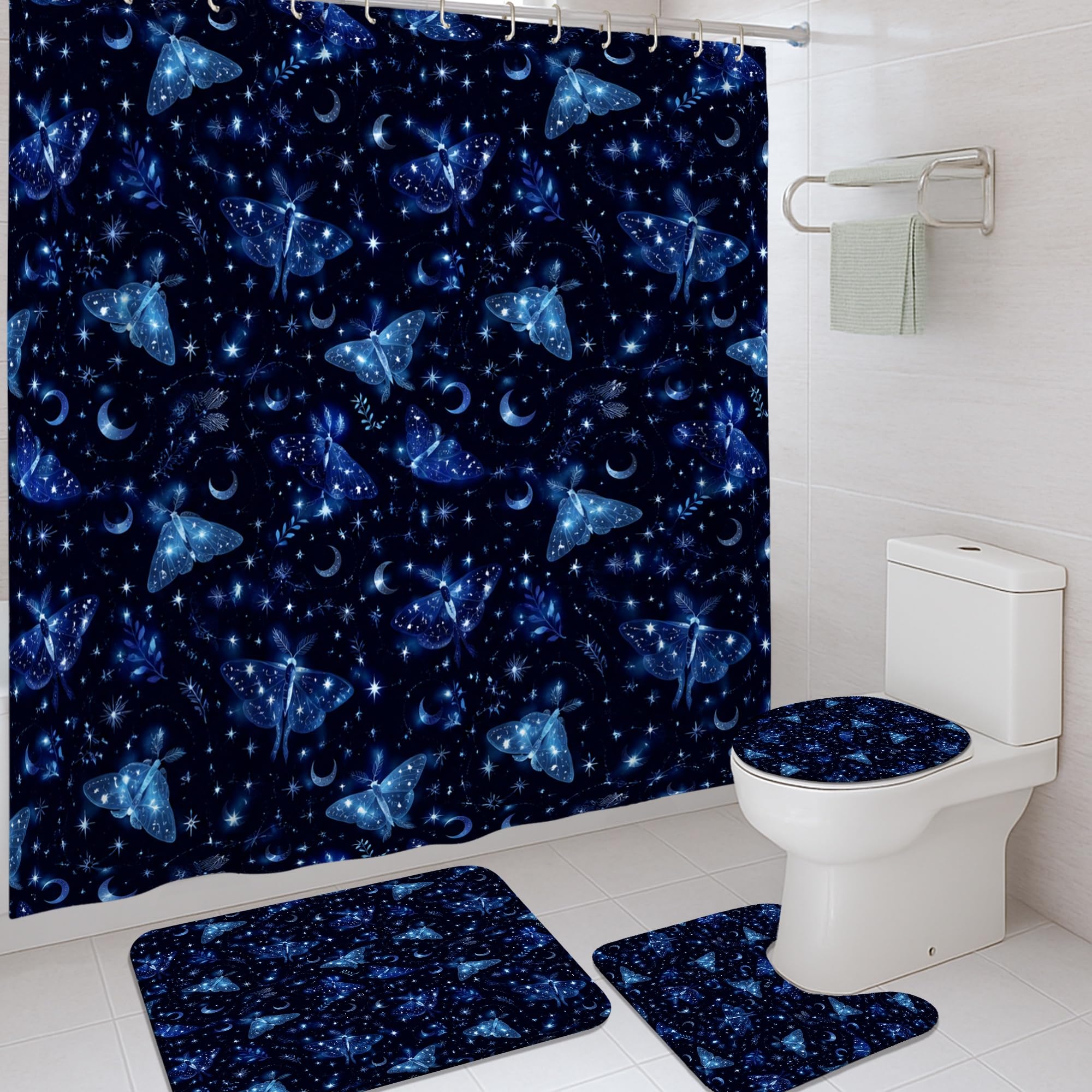 Rideau de douche lavable motif lune fantastique bleu marine étoiles et automne déco 183 cm