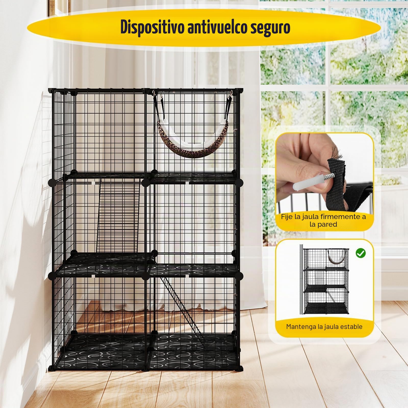FANTASK Jaula de Alambre de Metal de 3 Pisos para Gatos, 74 x 74 cm, con Hamaca, Escaleras y Puertas
