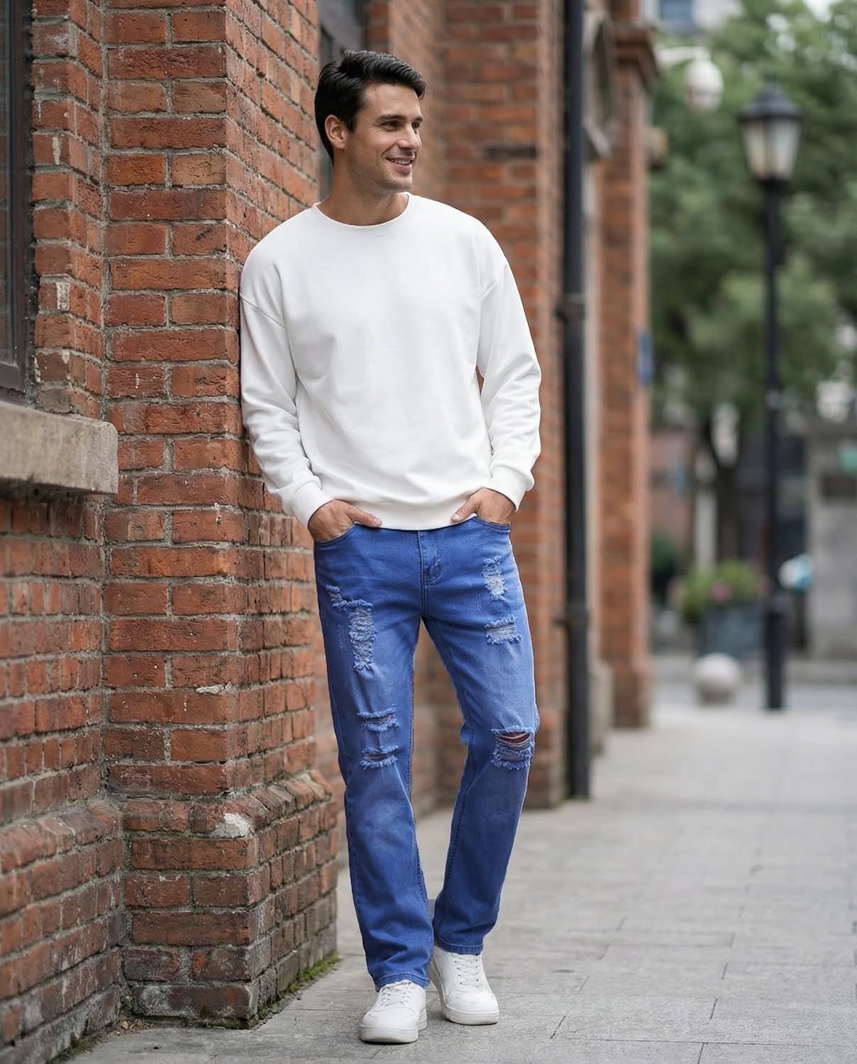 Boncun Men's Slim Fit Stretch Jeans – Comfort Flex Denim Destroyed Ripped Skinny Jeans Side Striped Denim Pants - Image 2