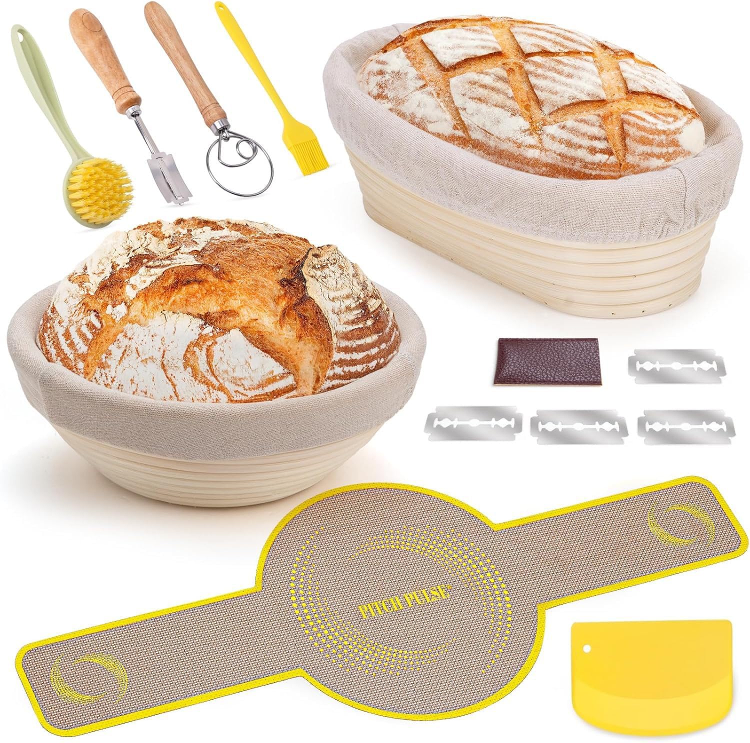 Gärkorb Set,Brot Gärkörbchen aus Peddigrohr zum Brot backen,Gärkörbchen Rund & Oval 2er Set,Gärkorb Brot mit Teigschaber für Heim- und Professionelle Bäcker