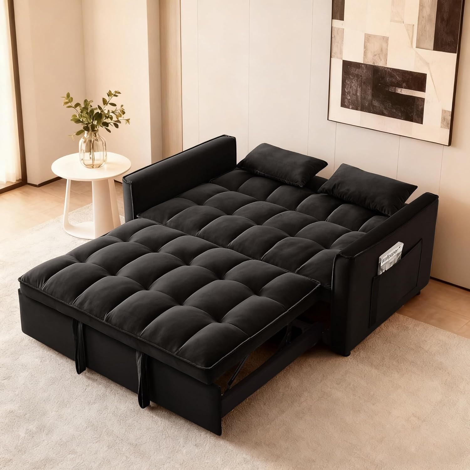 53'' Convertible Sleeper Sofa Bed, Modern Velvet Fabric, Adjustable Backrest, Side Pocket and 2 Pillows, 3-in-1 Pull Out Loveseat Couch for Living Room, Bedroom, Small Spaces, Black