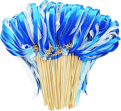 Miniatura 1 de Paquete de 100 cintas de encaje azul para boda, serpentinas con campanas, varitas de seda de hadas, cinta de salida de boda para actividades de