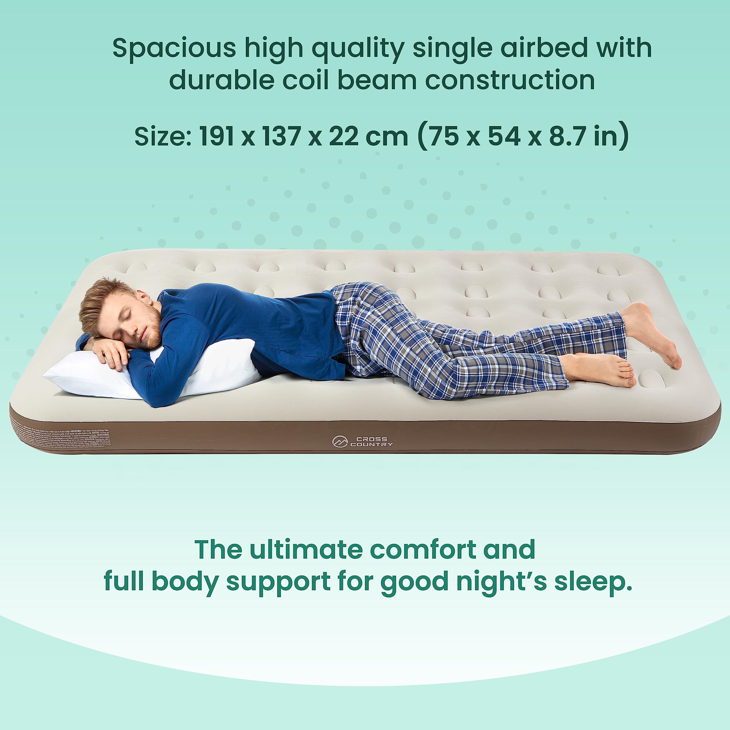 CROSS COUNTRY Double Camping Air Bed - Flocked Inflatable Mattress with Coil Beam Support, Taupe/Grey - Image 3