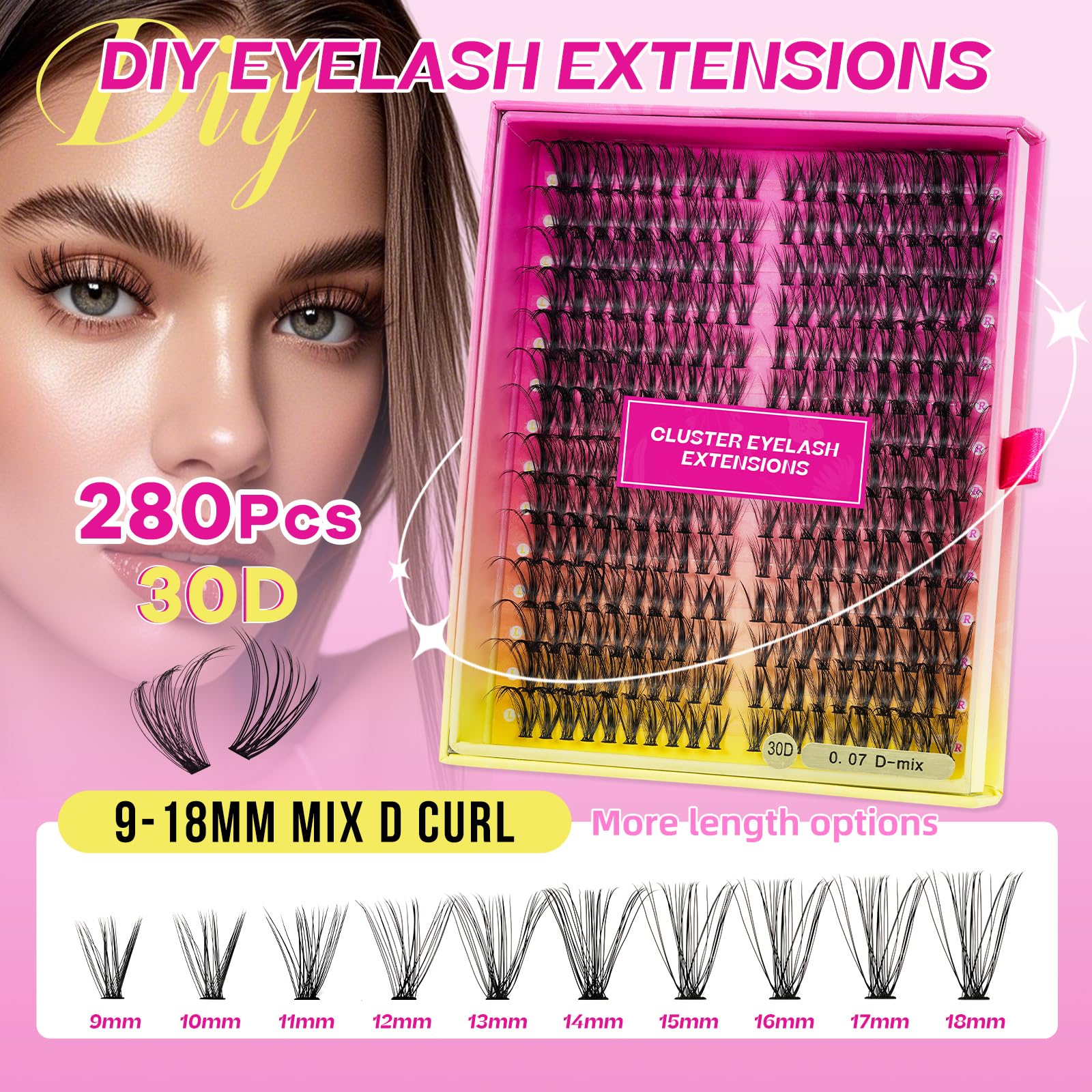 Extension Ciglia 280 Pezzi Ciuffetti Ciglia Finte Kit,Set Ciglia Finte Extension Fai Da Te,Fake Eyelashes, Ciglia Singole 30D D Curl Diy Eyelash Extension,Ciuffetti Extension Ciglia(30D, 9-18mm Mix)