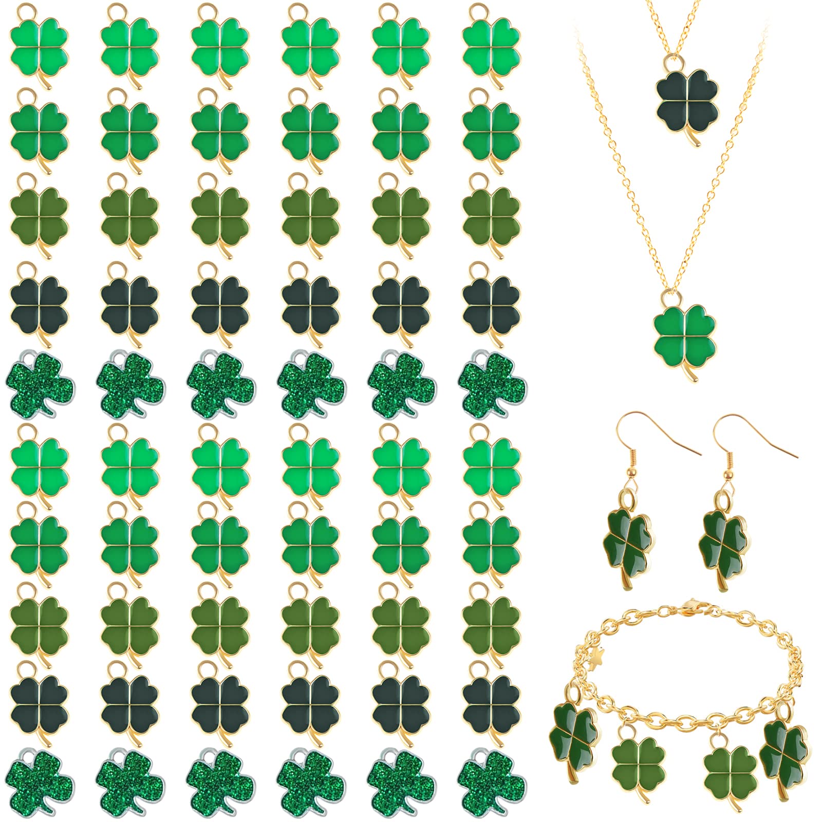 Vanproo 60 Pieces St. Patrick's Day Shamrock Charms Pendants, Lucky Four Leaf Charms Enamel Sequins DIY Jewelry Making Charms for St. Patrick's Day Craft Supplies