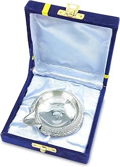 BENGALEN Silver Plated Big Diya with Blue Velvet Gift Box Kuber Dia Pooja Items Diwali Decoration Puja Gifts Handmade Oil Lamp Traditional Indian Deepawali Gift Items