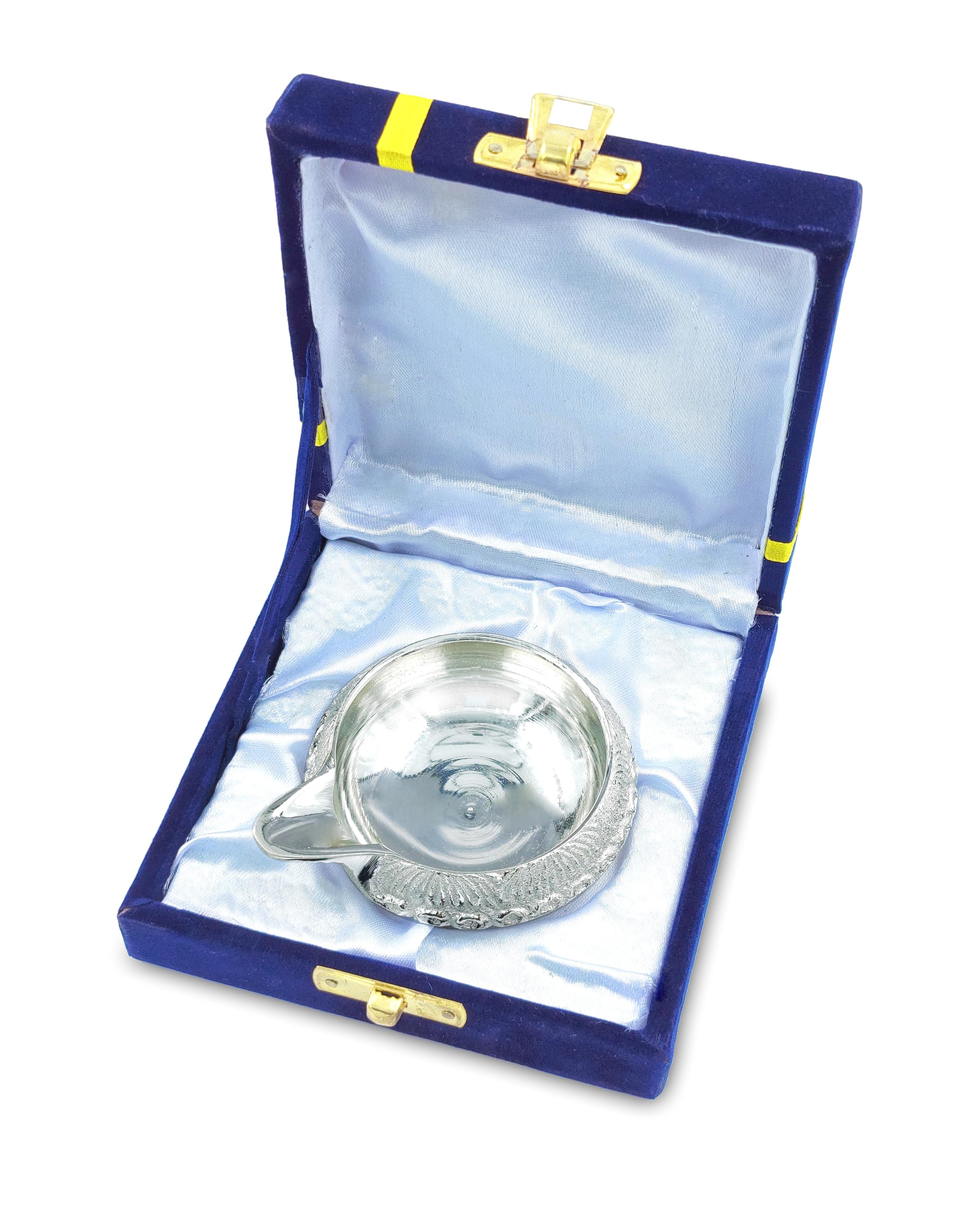 BENGALEN Silver Plated Big Diya with Blue Velvet Gift Box Kuber Dia Pooja Items Diwali Decoration Puja Gifts Handmade Oil Lamp Traditional Indian Deepawali Gift Items
