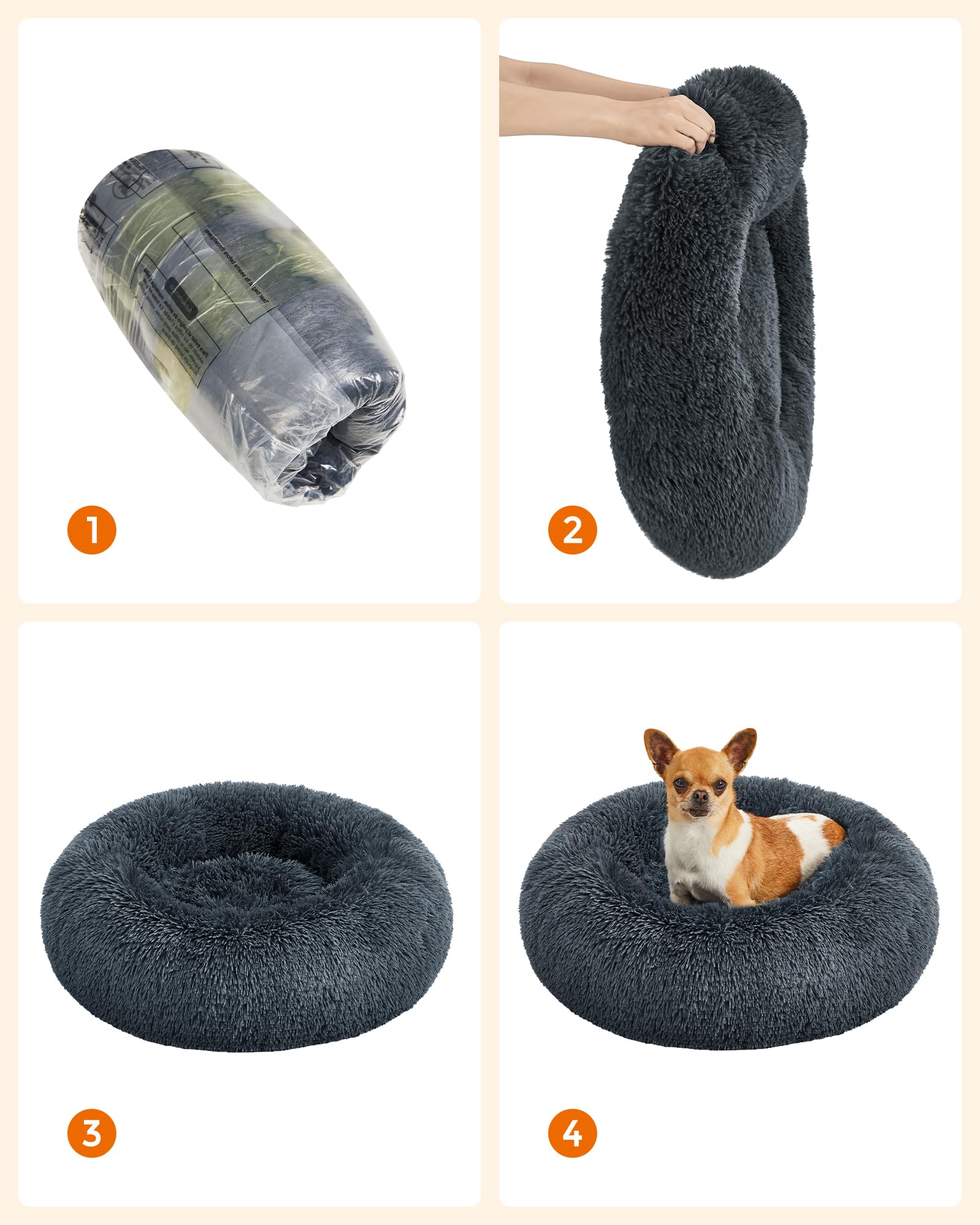 Feandrea Cuccia Cane Interno, Cuccia per Cani, Lettino per Animali Domestici a Ciambella, Cuscino Sfoderabile e Lavabile, Tappeto di Peluche, Diametro 60 cm, Grigio Scuro PGW038G02