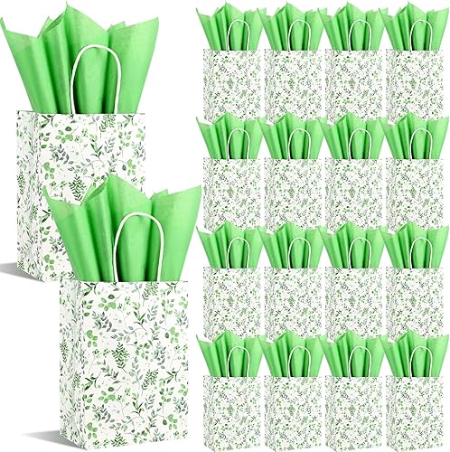 Miniatura 8 de Paquete de 16 bolsas de regalo de papel de hojas verdes con asas, bolsas de regalo de acuarela para baby shower, despedida de soltera, boda,