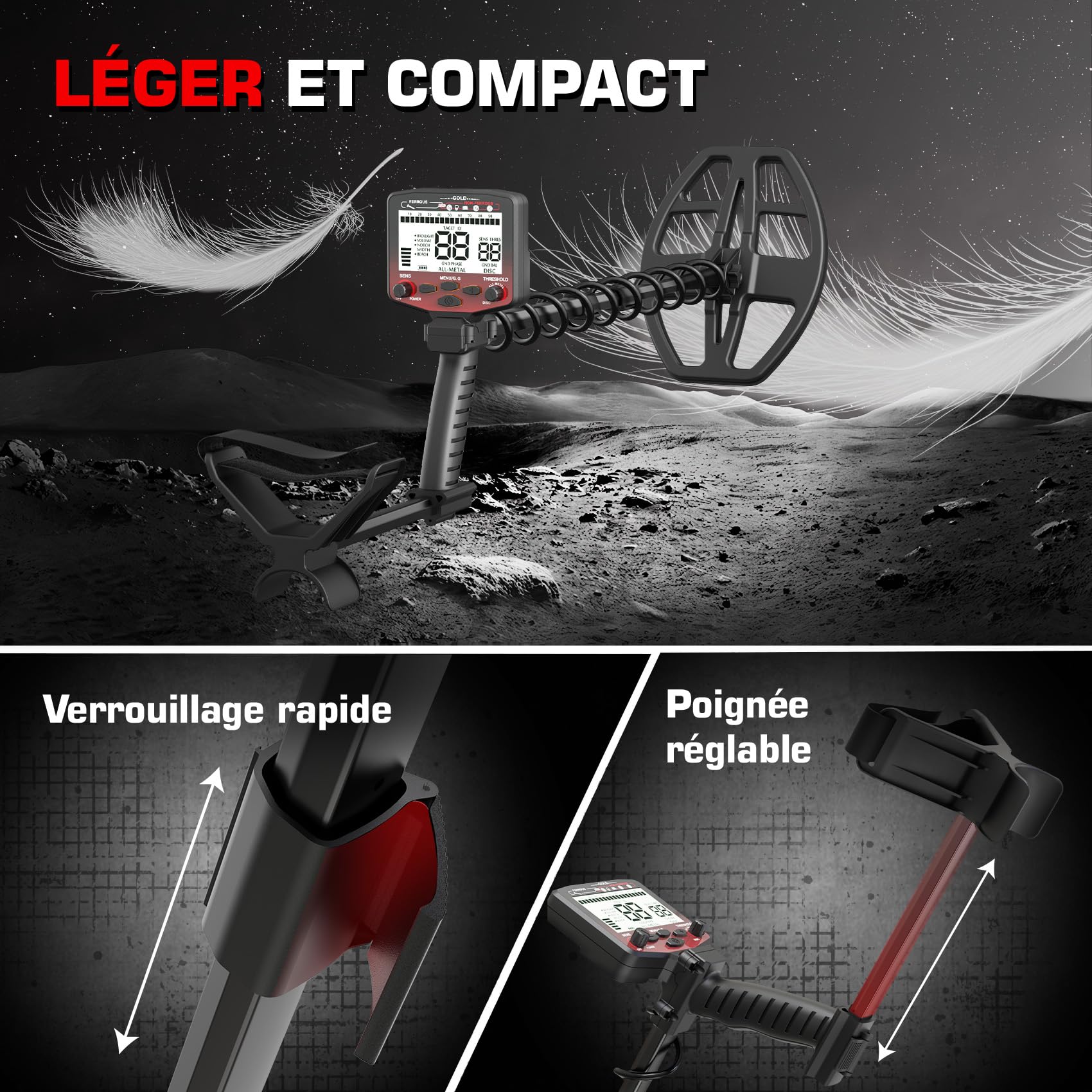 DR.ÖTEK Detecteur de Metaux Professionnel, Détecteur de Métaux Précis et Innovant Équilibrage au Sol, 5 Modes, Bobine Double-D Étanche 12", pour la Recherche d'or sur Plage (MT12-Set Rouge)