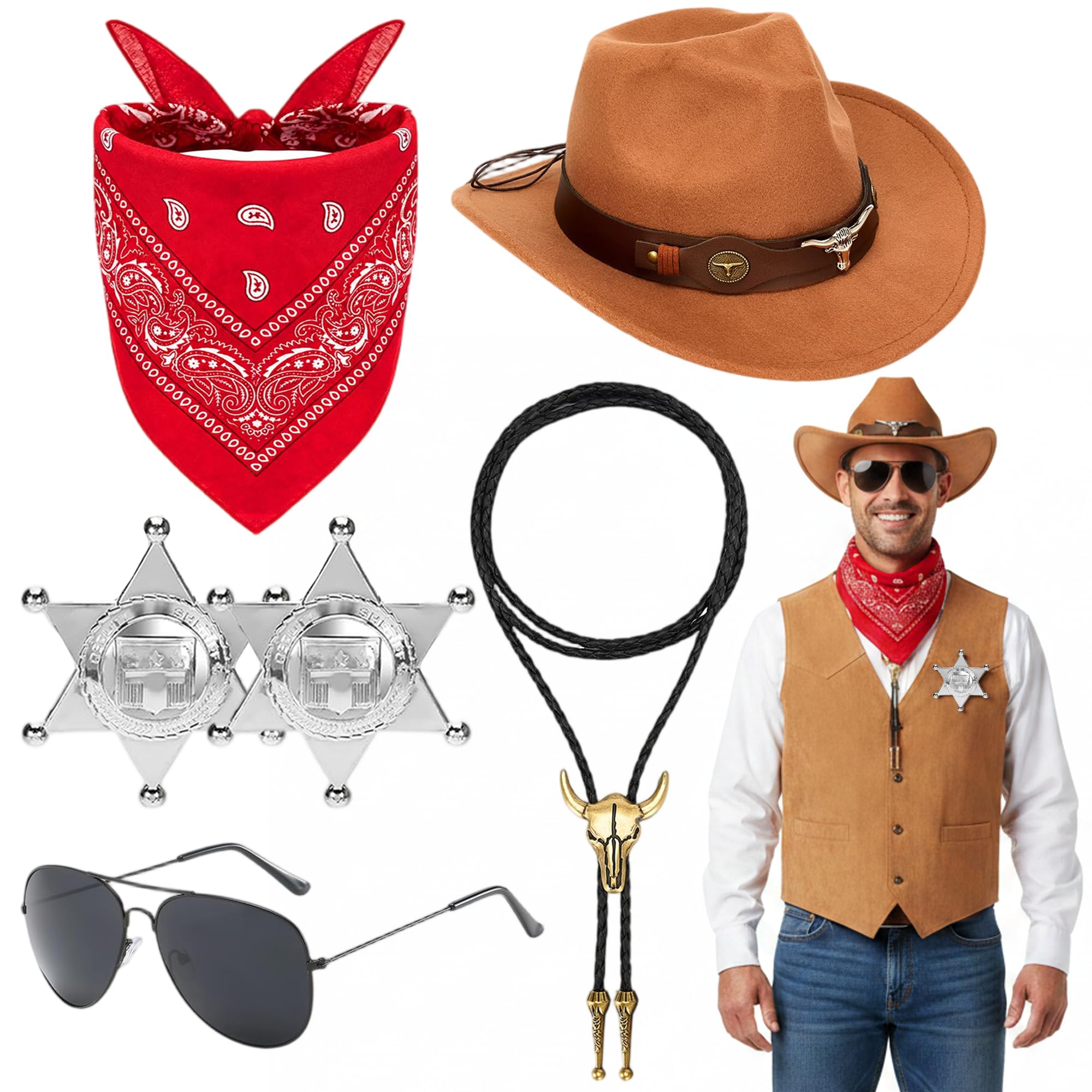 Fictoria Western Cowboy Costume Accessories - 6Pcs Western Fancy Dress Kit Includes Hat Bandana Sunglasses Sheriff Badge Bolo Tie, Men Women Kids for Cosplay Birthday Party (Brown)