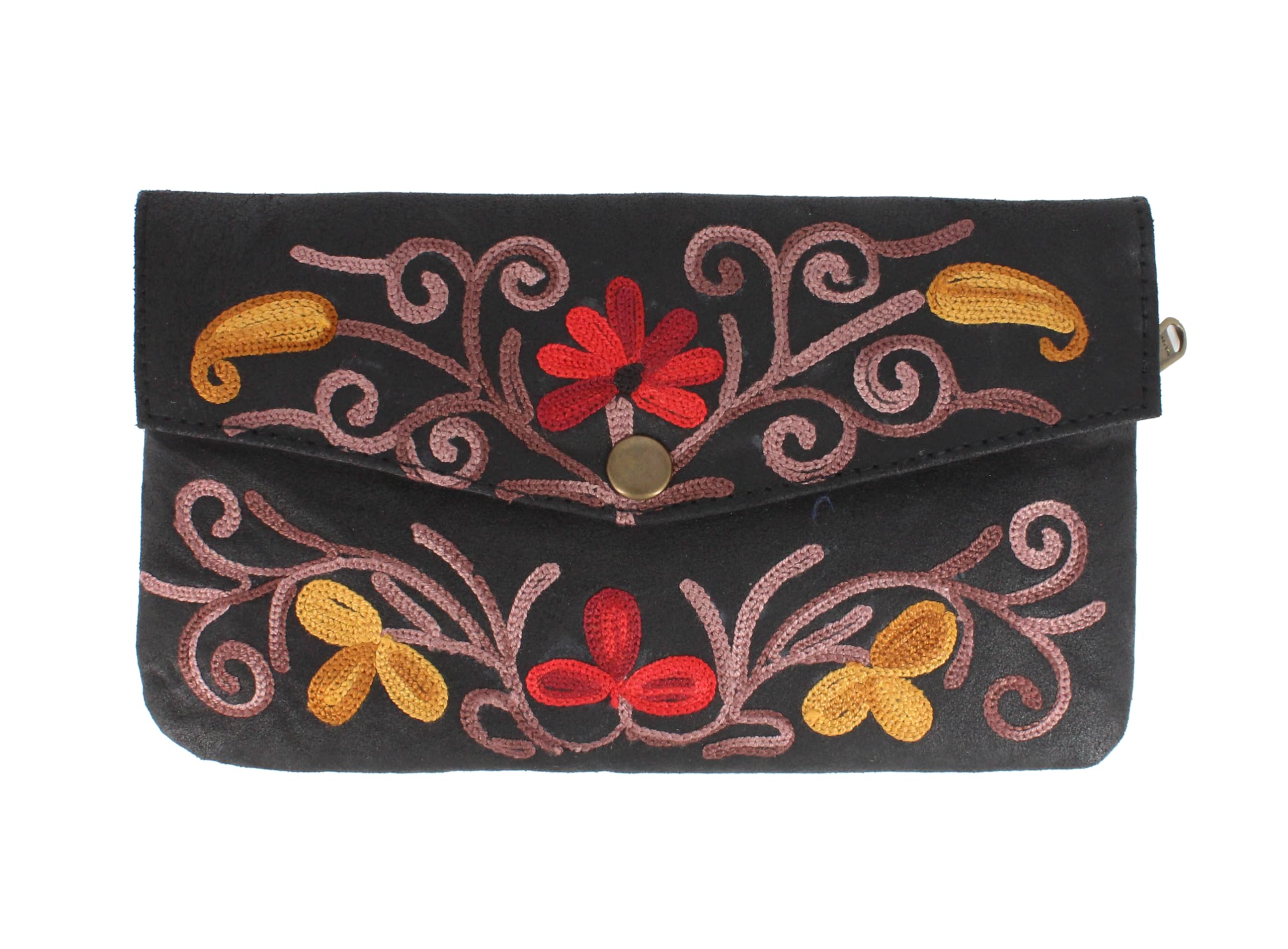 a.peer Kashmiri Embroidered Floral Clutch Purse, Black Fabric with Red and Gold Butterflies Pattern, Snap Button Closure-picture-47