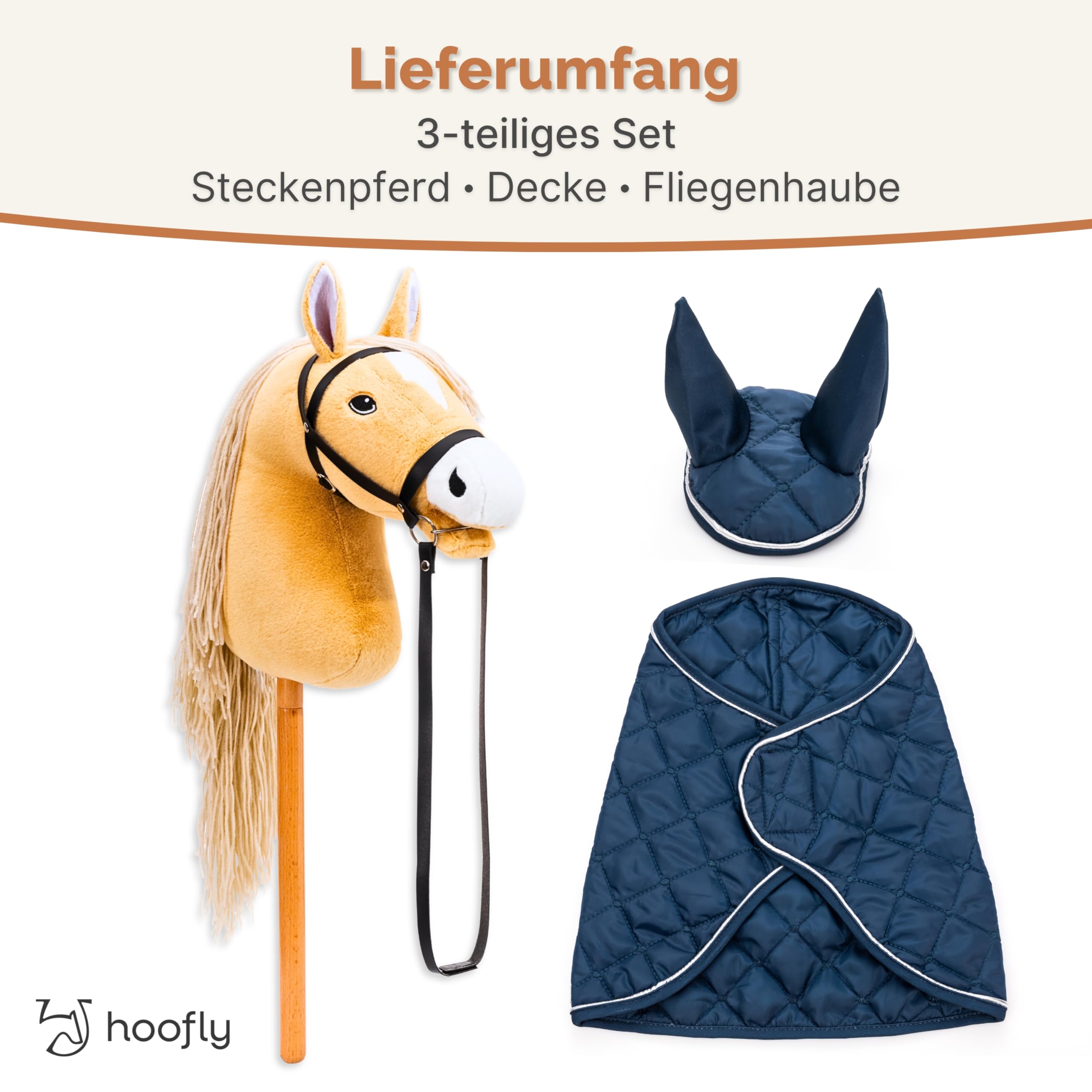 Hobby Horse Set – Großes Steckenpferd für Kinder mit Decke & Fliegenhaube | Komplettes Hobby Horsing Set mit Trense & 35 cm Schraubstab | Beiges Pferd – Blaues Zubehör