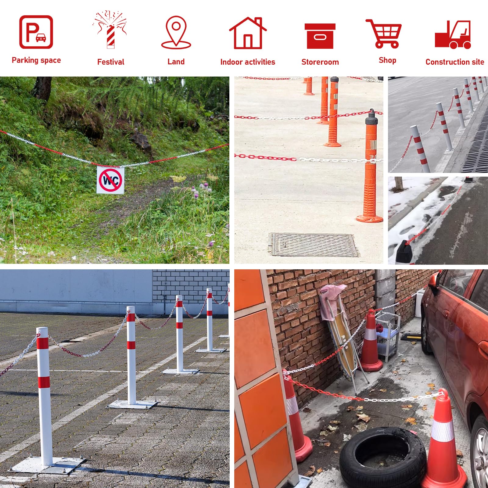 Catena di avvertimento in plastica, colore rosso, bianco, 15 m x 6 mm, per la sicurezza di avvertimento, parcheggio, costruzione, superfici