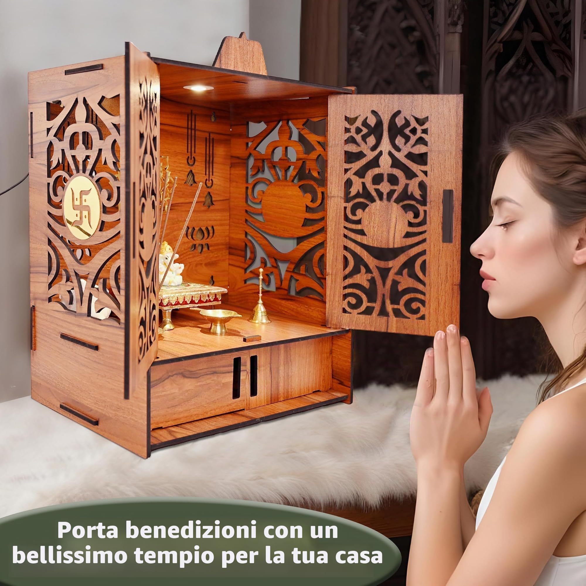 Rousrie Mandir a tempio in legno per la casa con ante | Bella unità Pooja con spazio di archiviazione | con luce LED e supporti a parete | Elegante Pooja Mandir per la casa di grandi dimensioni (H