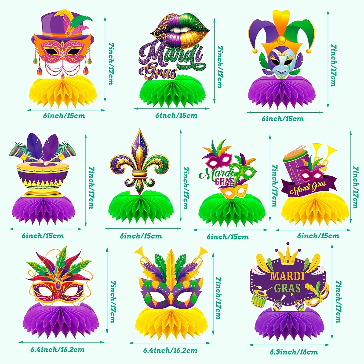 10 Pcs Mardi for Gras Party Table Decorations,Mardi for Gras Honeycomb Centerpieces Masquerade Party Decorations Mask Sign Table Toppers for Mardi for Gras Home Decor Supplies - Image 2