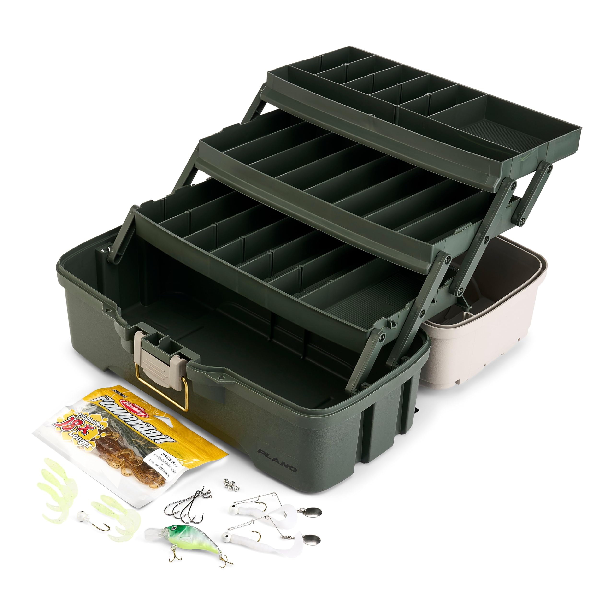 Plano Three-Tray Tackle Box Bass Kit, Tan/Green, Rust-Proof Brass Latch, Top-Access Tray Compartments with Deep Storage, Made in the USA, Portable Fishing Gear Storage Organizer : Sports & Outdoors