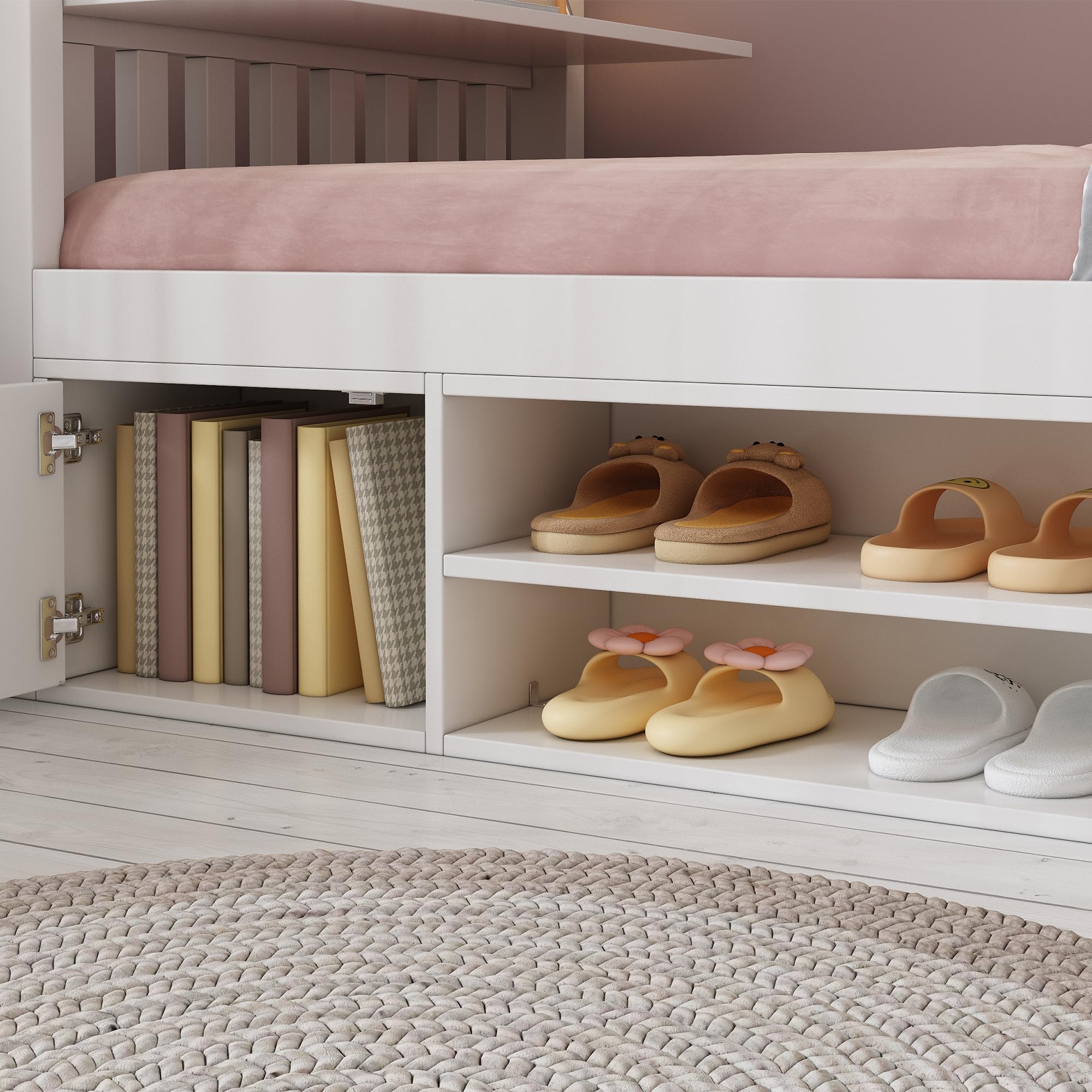 Litera de Estilo Moderno como Cama Alta o Loft Bed con Superior e Inferior de 90x200 cmen Estructura de Madera Maciza con Mesa Plegable, Zapatero y Armarios para Hogar