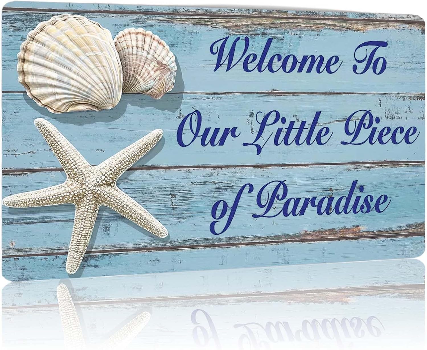SMAZDFXX Welcome To Our Little Piece of Paradise Metal Tin Sign Funny Beach Seashell Signs Wall Decor for Outdoor Swimming Pool Yard Bedroom Living Room Bar Garage 5.5"x8"