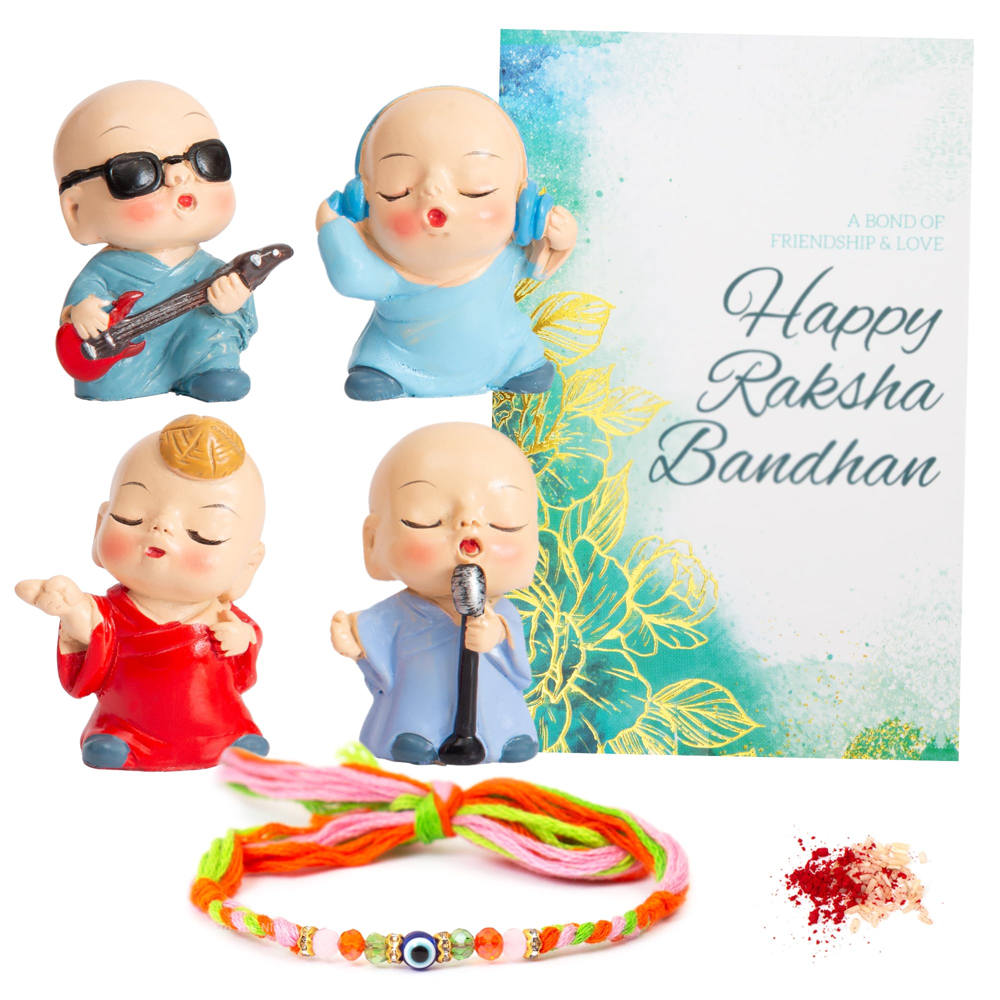 To The Nines Rakhi Gift Set for Brother Gift Combo - Rakhi With Cute Polynesin Buddha Set of 4, Tilak Material & Greeting Card