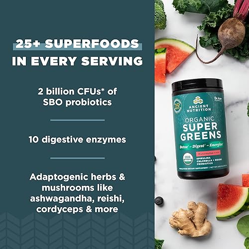 Miniatura 10 de Ancient Nutrition Super Greens - Polvo de superalimento orgánico con probióticos hecho con espirulina, clorella, matcha y enzimas digestivas, 50