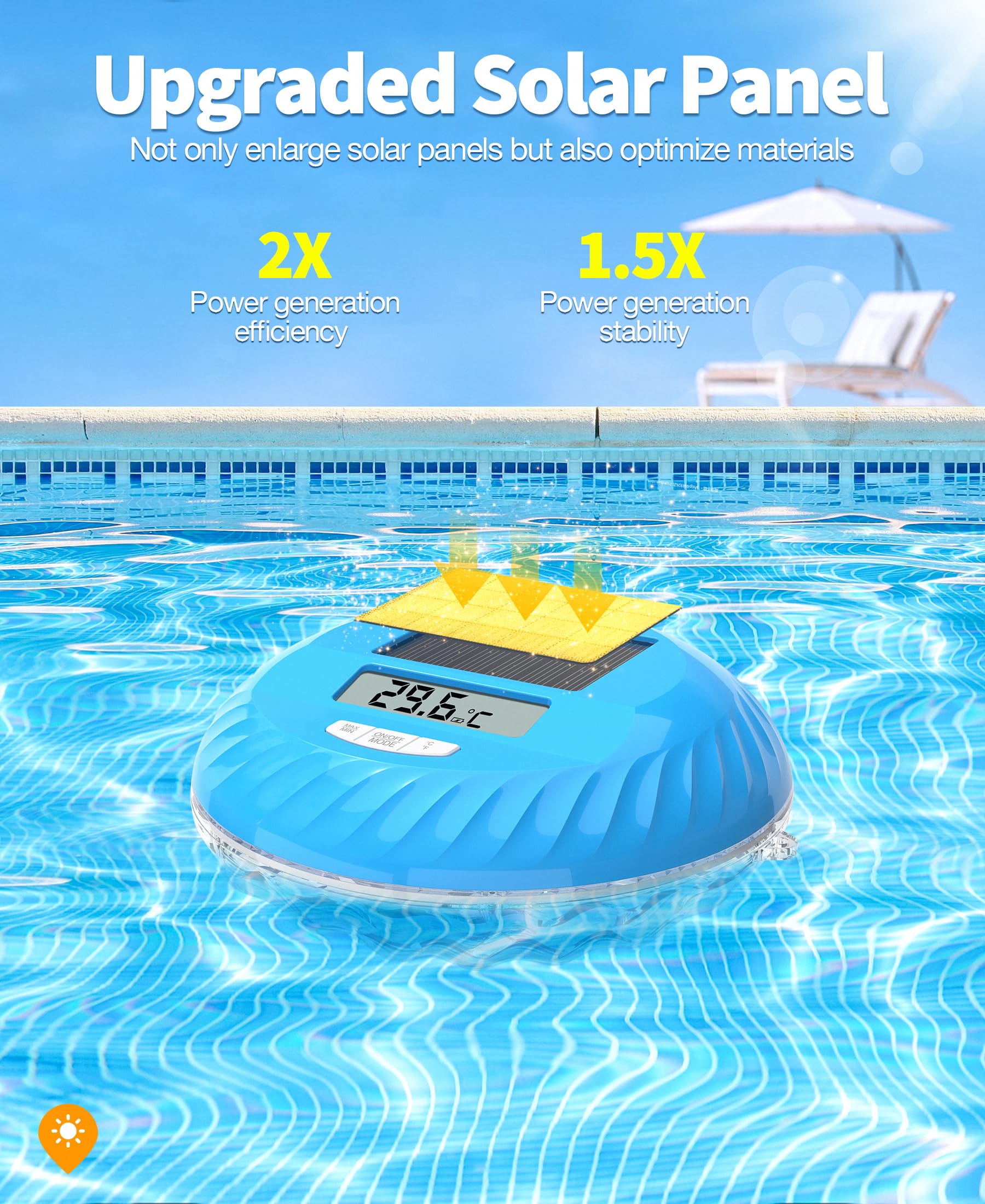 LuxBlue 2 en 1 Thermometre Piscine Solaire et Lampe Piscines, Thermometre Piscine Flottante avec Spectacle Lumineux Sous-marin Coloré, IP68 Ultra-précis Thermometres Piscines Numérique Facile à Lire
