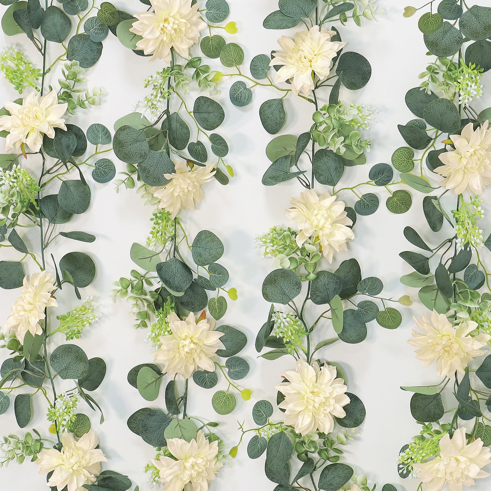 Dremisland Künstliche Eukalyptus-Blumengirlande mit Champagner-Dahlie-Blume, 7,6 m, künstliche Champagnerblume, grüne Girlande, hängende Blumenranken für Hochzeit, Zuhause, Party, Wand-Tischläufer